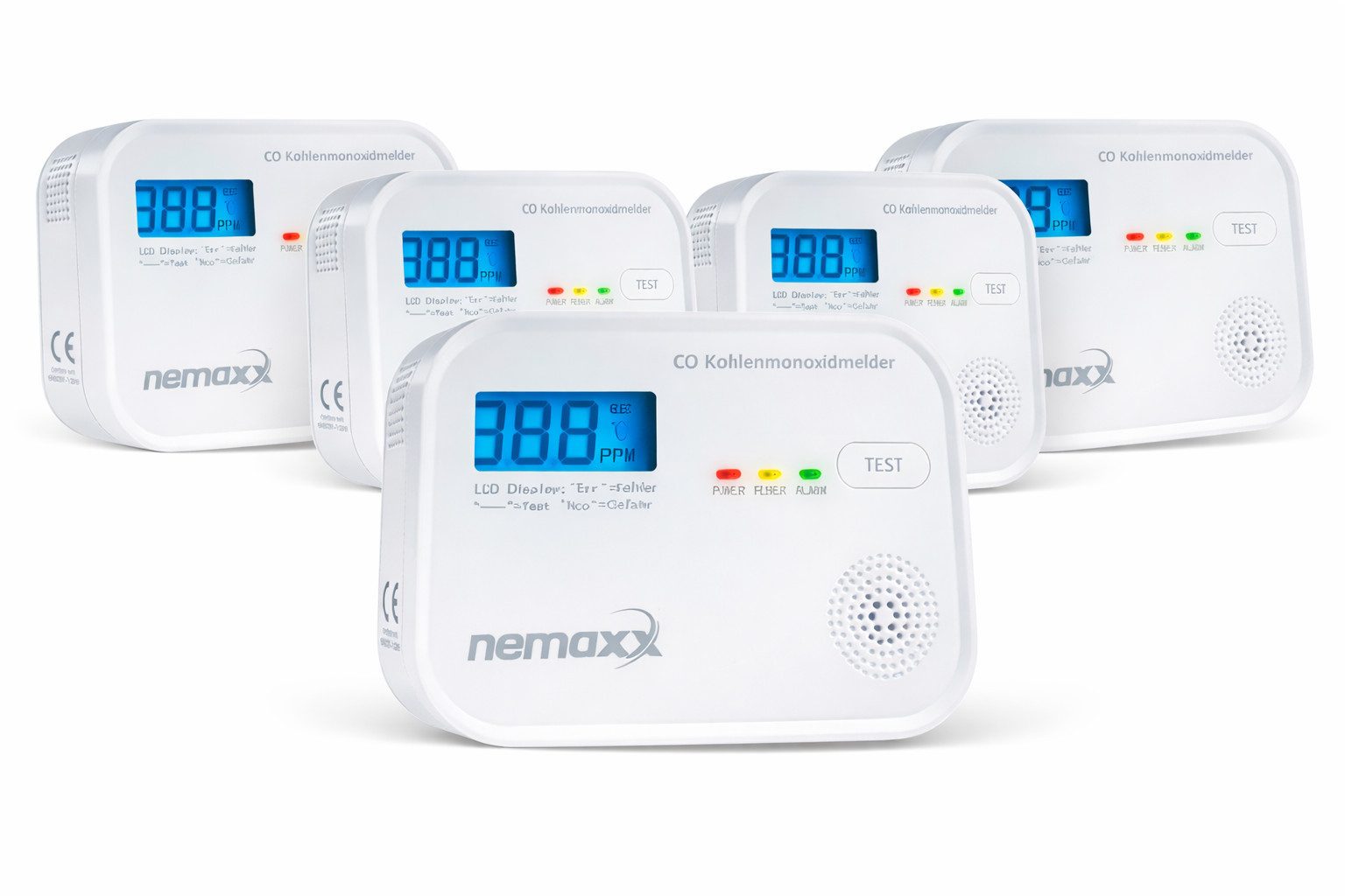 NEMAXX CM18 Kohlenmonoxid-Melder LCD 85 dB Alarm EN 50291-1:2018 Testtaste 5x CO-Melder (Elektrochemischer Sensor/3x AA LR6-Batterien/10 Jahre Lebensdauer)