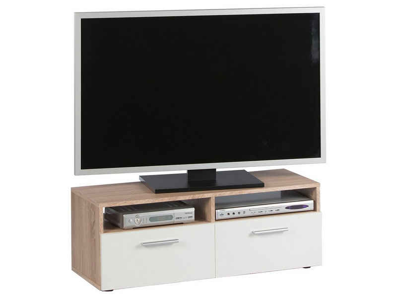 möbelando TV-Board TV-Lowboard "Ruth I", Modernes TV-Lowboard aus Spanplatte in Sonoma-Eiche/Weiß mit 2 Klappen und 2 offenen Fächern. Breite 95 cm, Höhe 36 cm, Tiefe 35 cm