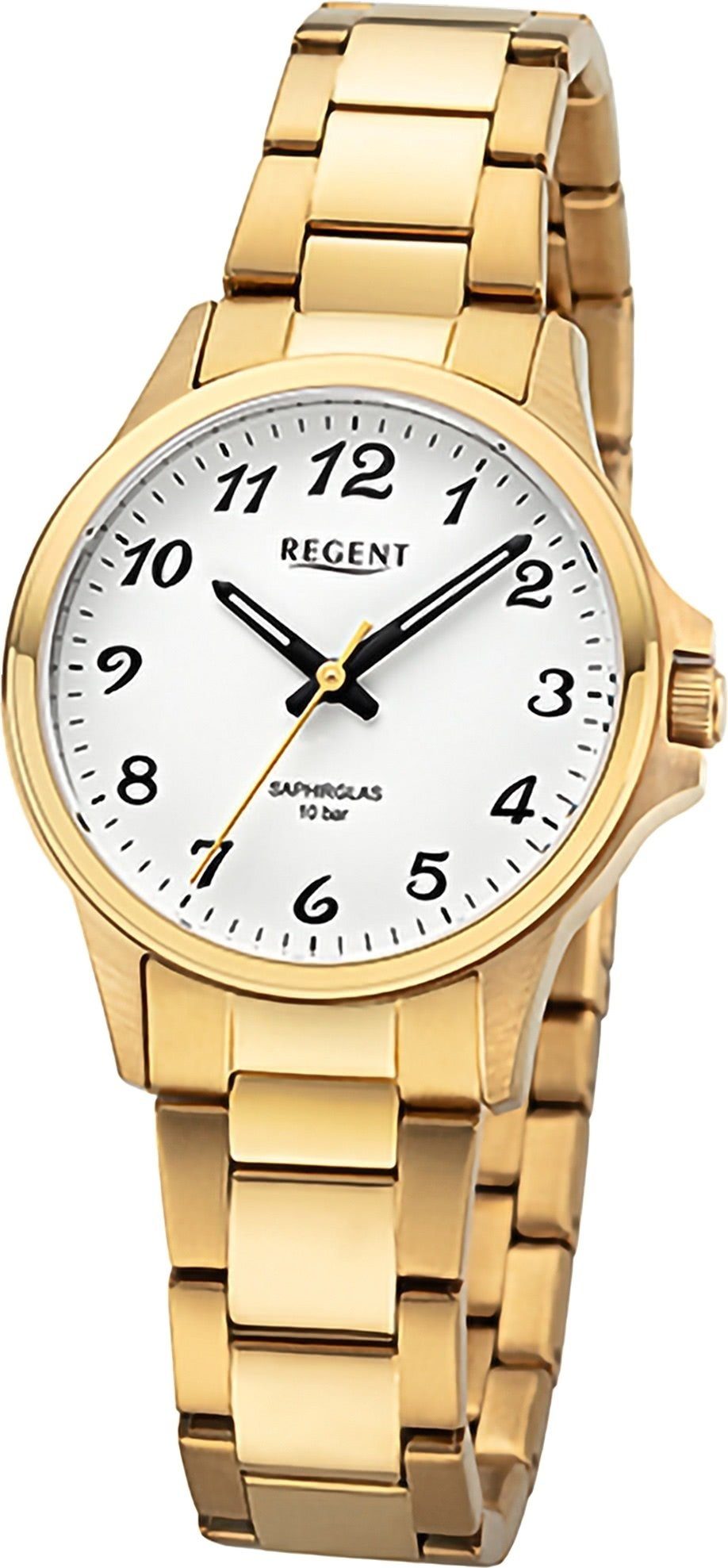 Regent Quarzuhr Regent Damen Armbanduhr Analog, Damenuhr Metallarmband gold, rundes Gehäuse, extra groß (ca. 32mm)