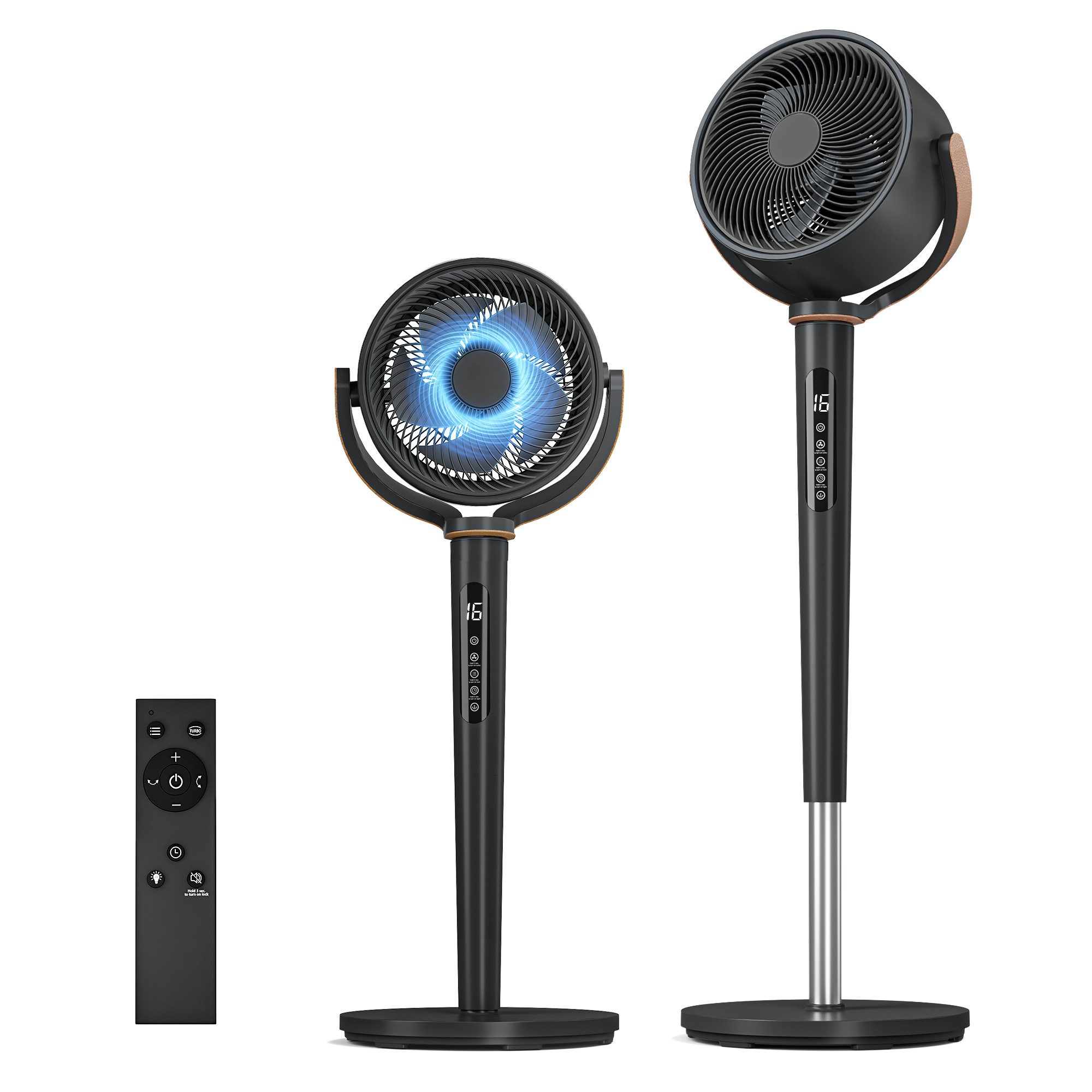 Furnicopia Standventilator mit Fernbedienung, Leiser 20 dB, 3D-Schwenkung, Ventilatoren, 36 cm Durchmesser, 4 Modi, 16 Stufen, blaue Ambientbeleuchtung, Turbotechnik & Tragegriff