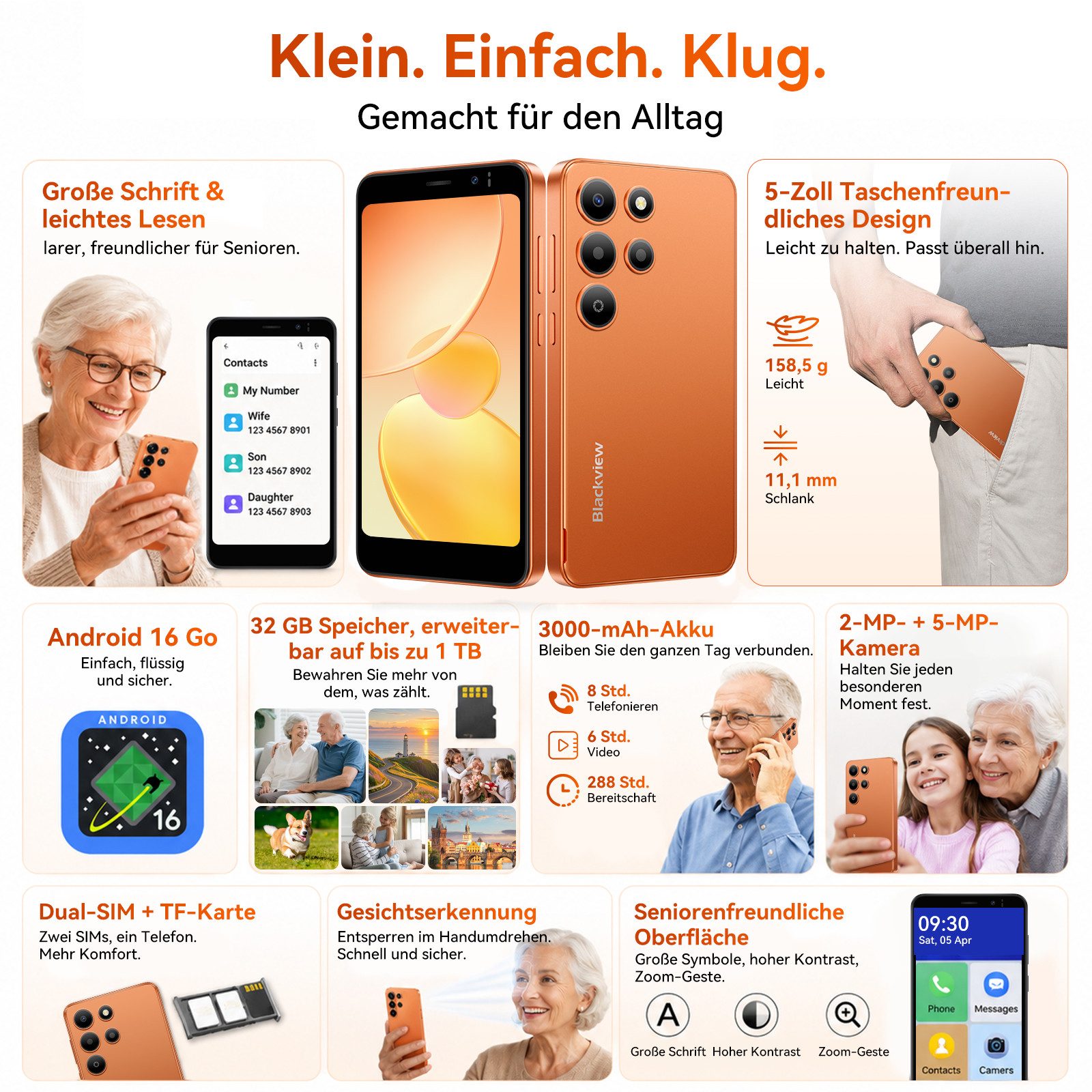 blackview WAVE2C 5‘’ Handy ohne Vertrag, Android 16, 32GB, mit Charger/Hülle Smartphone (5 Zoll, 32 GB Speicherplatz, 4G Dual SIM, Face ID, 1080P-Video, Google Lens, mit Ladegerät)