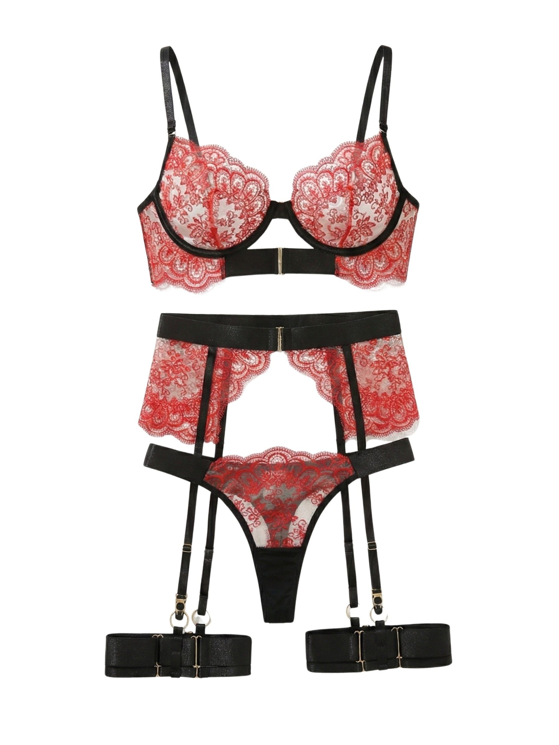 Elegant Love Set: Bügel-BH Damen-Dessous-Set aus bestickter Spitze – Lingerie mit Strumpfhalter (Set, 4-tlg., BH, Strumpfhaltergürtel, Tanga, Beingurt) Luxuriöse Reizwäsche – Sexy Unterwäsche mit goldenen Details