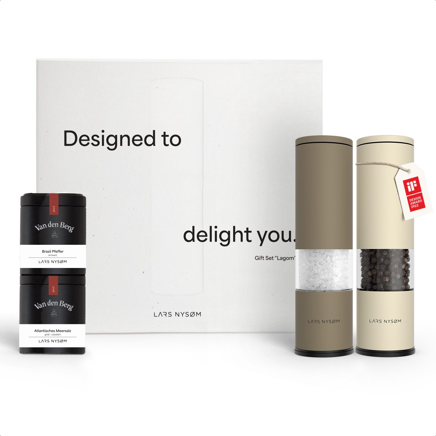 LARS NYSØM Gewürzmühle Lagom manuelle Bedienung, (2 Stück), Hochwertiges Geschenkset mit 2 Mühlen und 2 Gewürzen