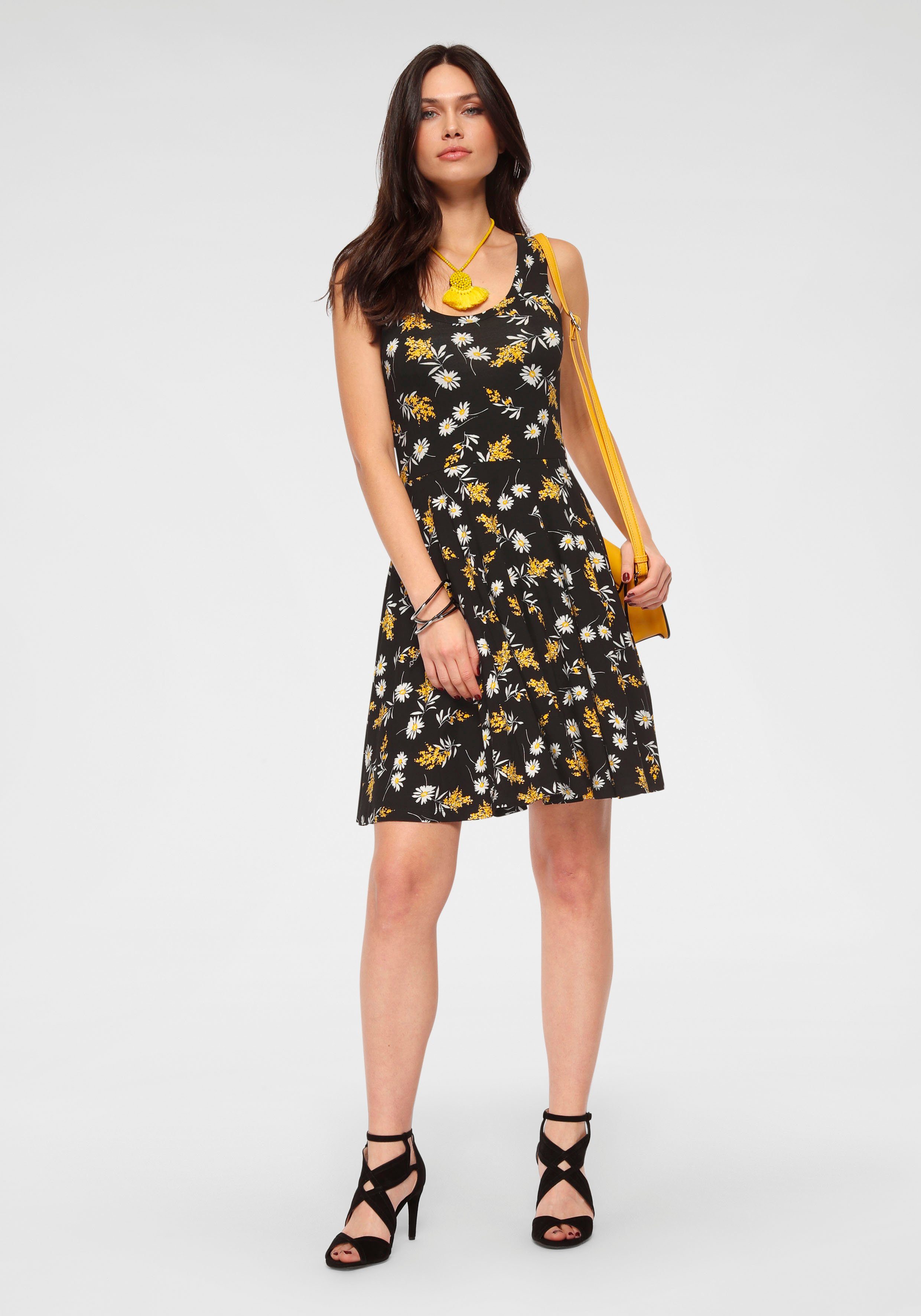 Material) schwarz-gelb-geblümt Saum Laura schwingendem Jerseykleid aus mit weit nachhaltigem (Jerseykleid Scott