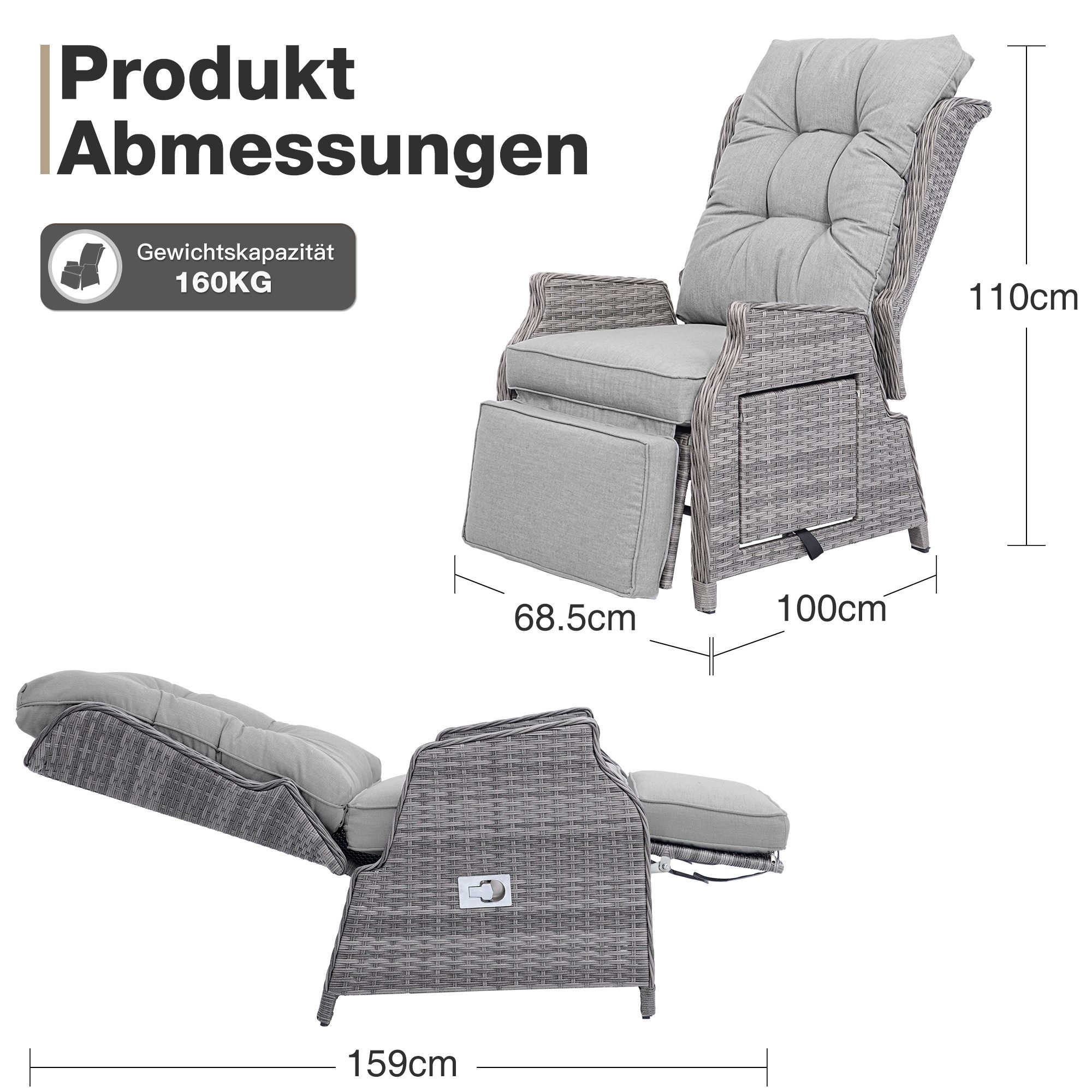 HOMECALL Rattanstuhl Gartensessel Indoor Verstellbar Liegestuhl Gartenliege balkonliege (Wetterfester Rahmen, klappbarem Beistelltisch und Fußstütze, 1 St), COM – Bild 4 von 5