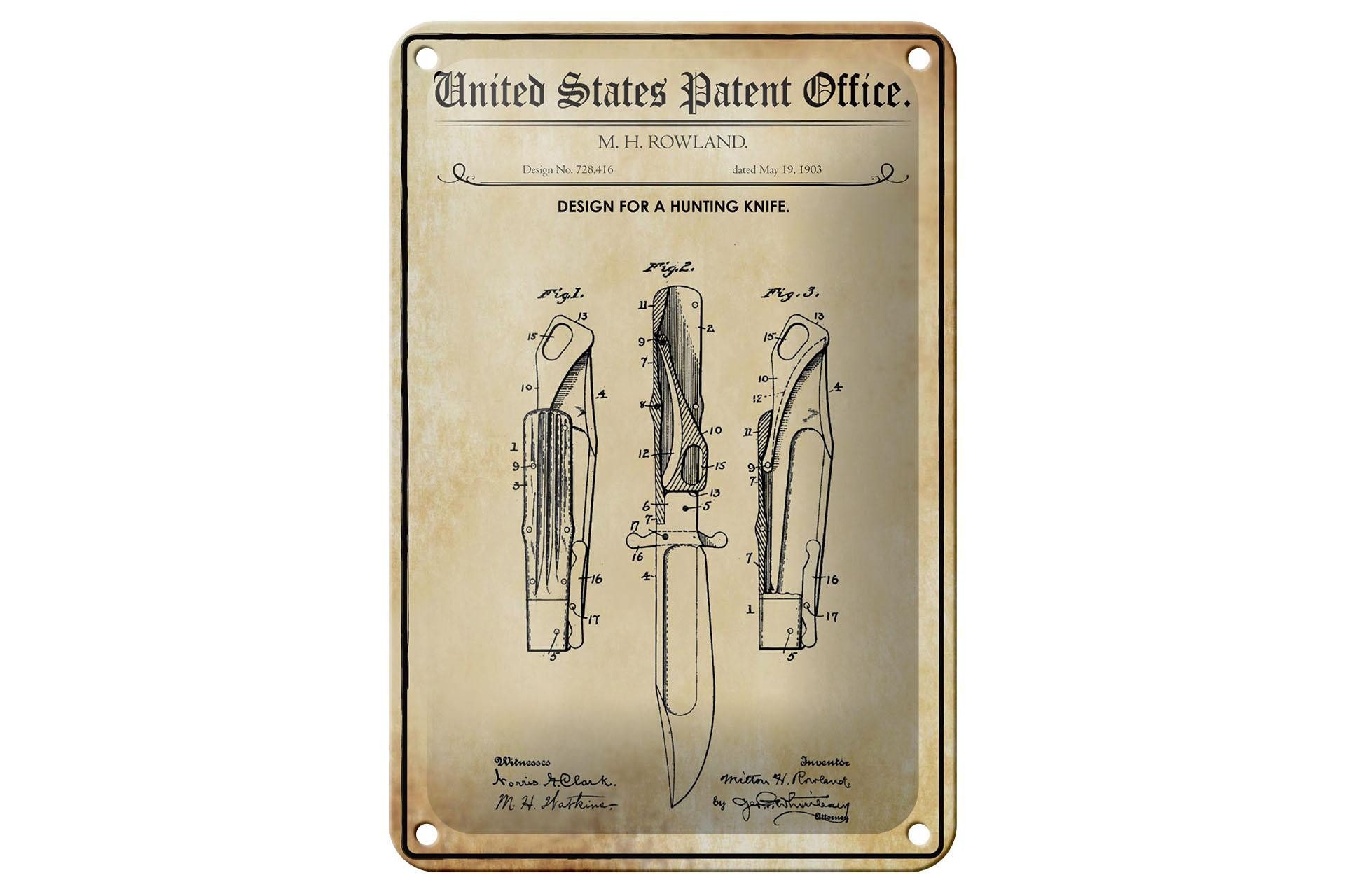 Femer GmbH Metallschild Patent 12x18 cm Entwurf für ein Jagdmesser, (1 St), gewölbte Oberfläche, abgerundete Ecken, umgeschlagene Kanten