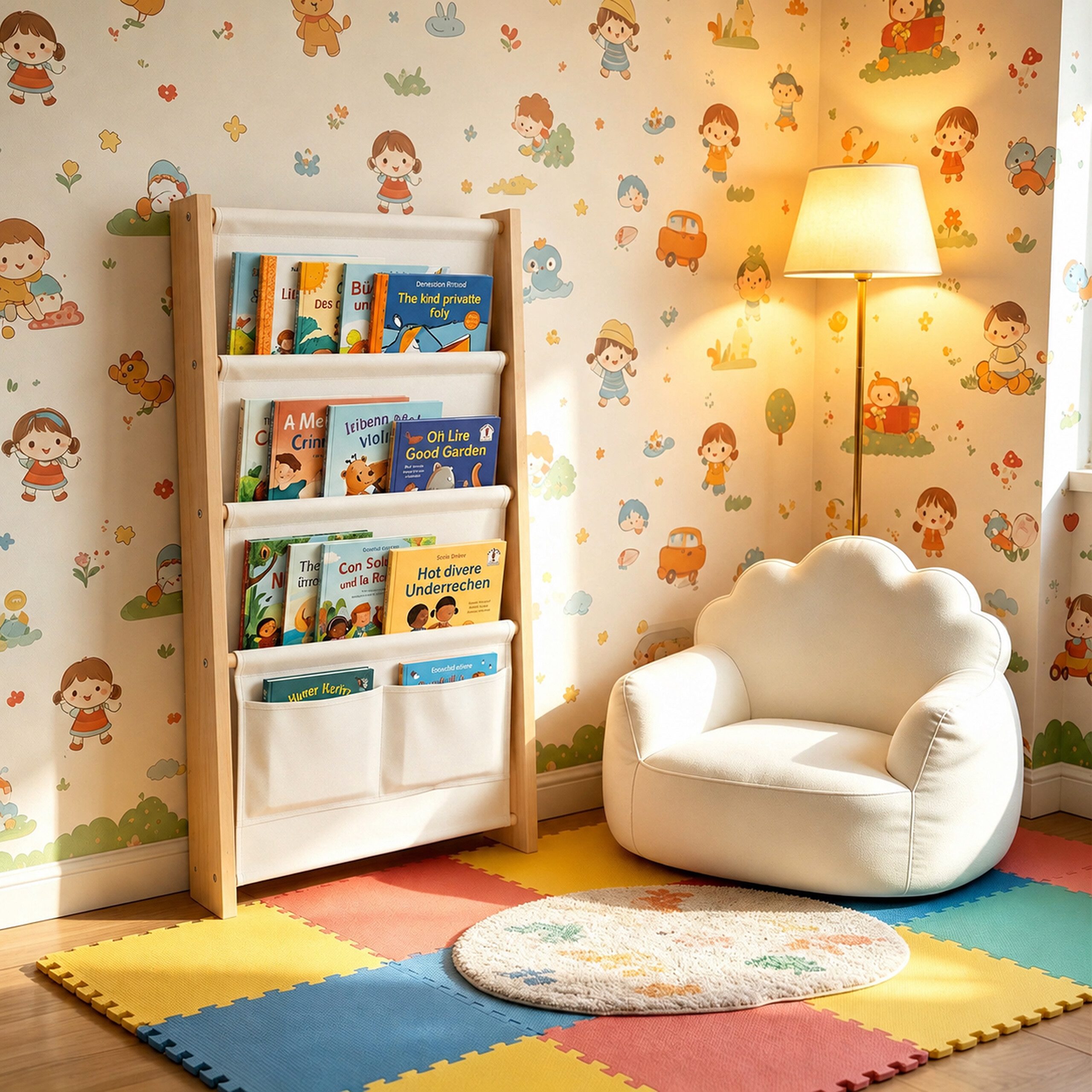 relaxdays Kinderregal Bücherregal Kinder mit Stofftaschen Wand, 1-tlg., 6 – Bild 5 von 5