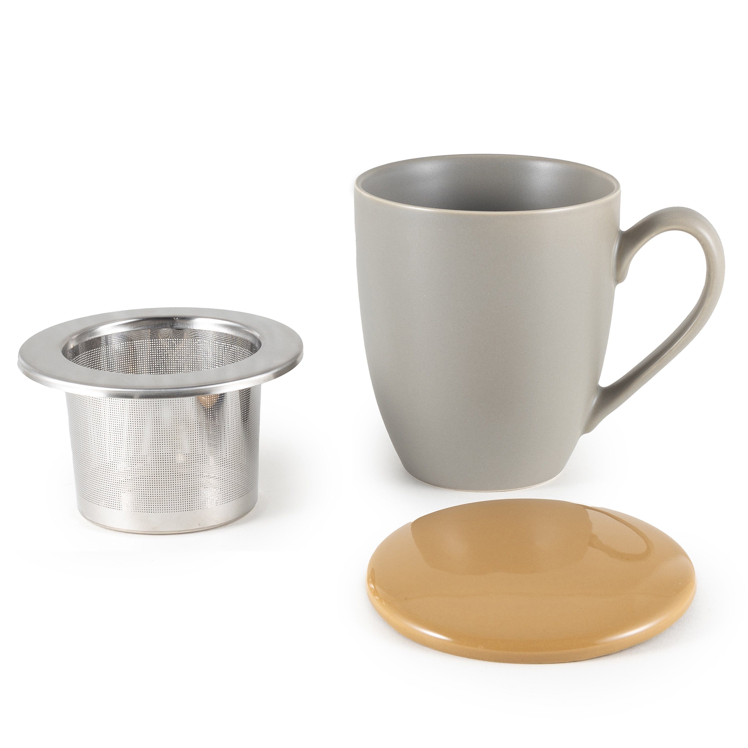 Deckel Ultrafeinfilter, mit mit Dickwandige Tasse 650ml, Teetasse Thermoeffekt, Keramik Grau – Keramik, und Teebecher Hanseküche XXL Sieb