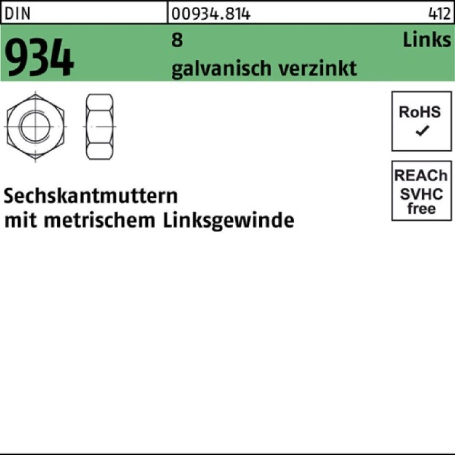 Reyher Muttern 100er Pack Sechskantmutter DIN 934 links M6 -LH 8 galv.verz. 100 Stüc