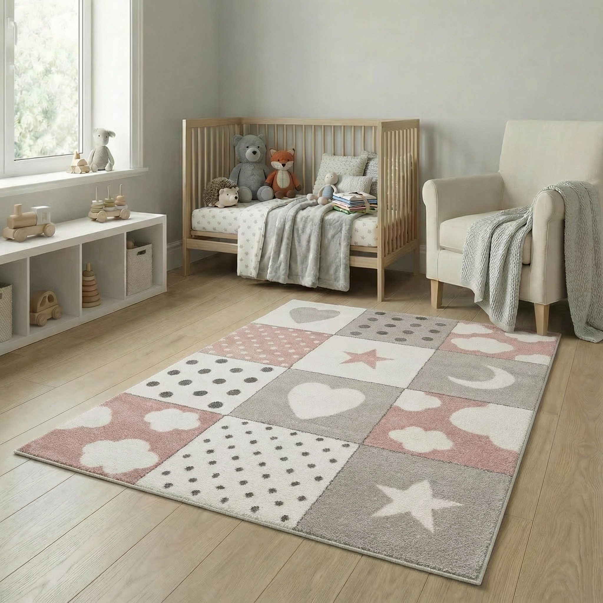 Jimri Kinderteppich Happy Friends Teppich für Kinderzimmer, Kinderteppich Bär Hase Panda, Läufer