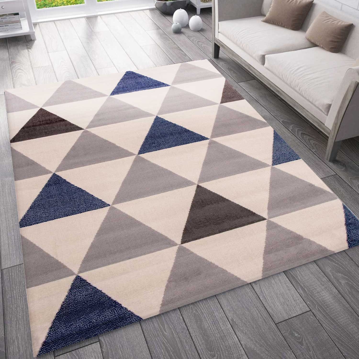 Vimoda Teppich Teppich Wohnzimmer kurzflor Blau Dreieck Muster, Rechteckig, Teppich Schlafzimmer Blau