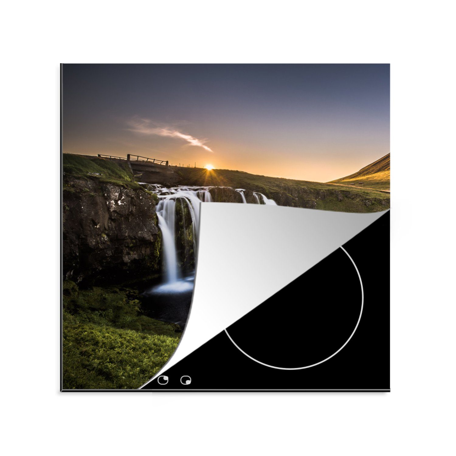 MuchoWow Herdblende-/Abdeckplatte Island - Wasserfall - Sonne, Vinyl, (1 tlg), 78x78 cm, Ceranfeldabdeckung, Arbeitsplatte für küche