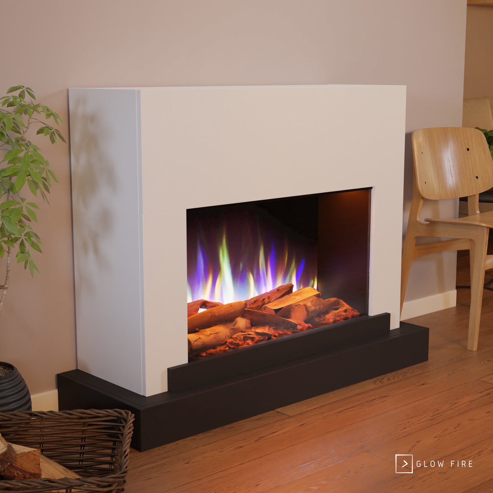GLOW FIRE Elektrokamin PR4 E-Motion 3D, Elektrischer Kamin mit 3D Feuer mit Heizung, täuschend echte Flamme mit Heizung, 3 Dekorationen