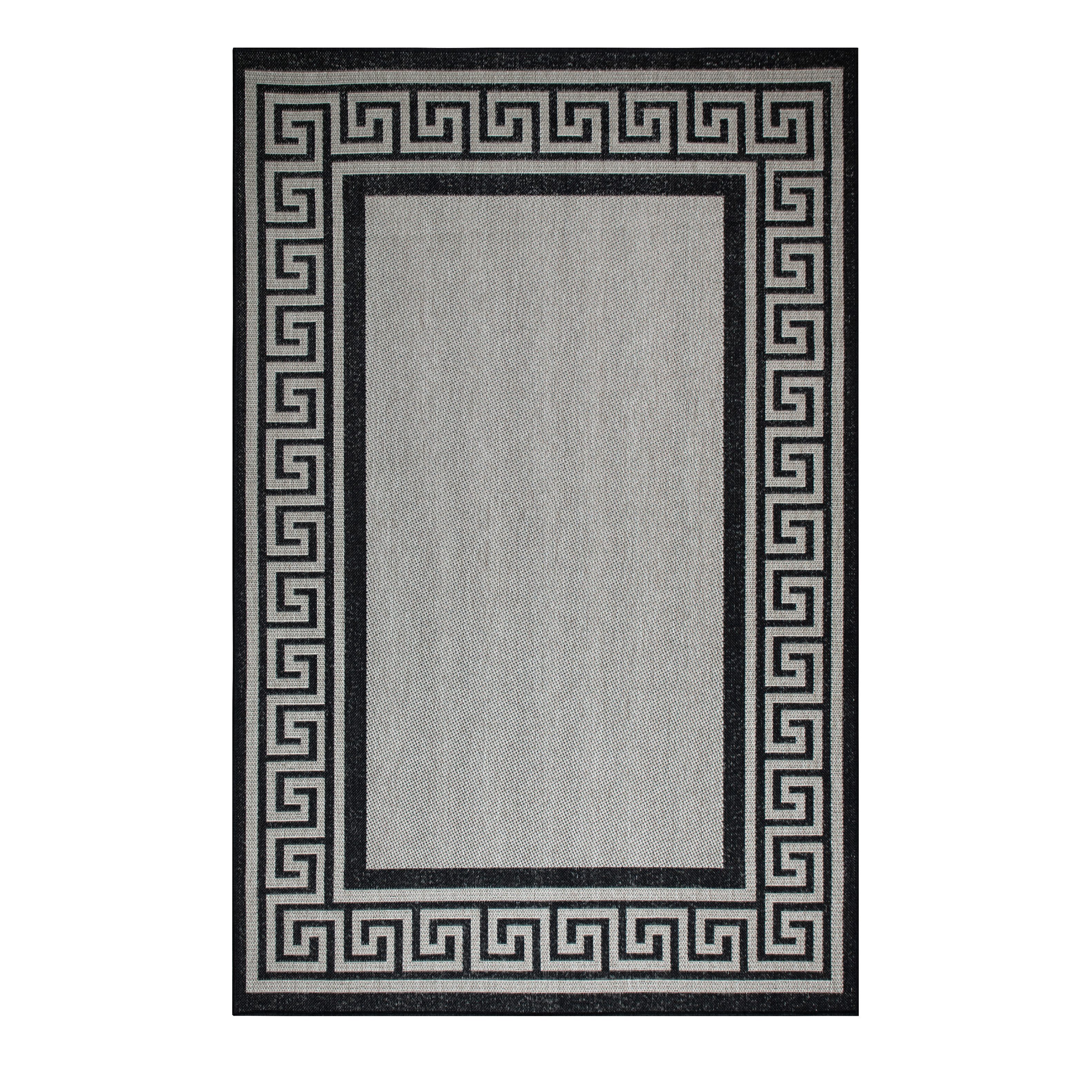 oKu-Tex Outdoorteppich PLUTUS In- & Outdoor Teppich, Flachgewebe, Sisaloptik, rechteckig, Höhe: 3 mm, griechische Bordüre, UV-Resistent, Terrasse, Küche, Bad, Grau-Schwarz