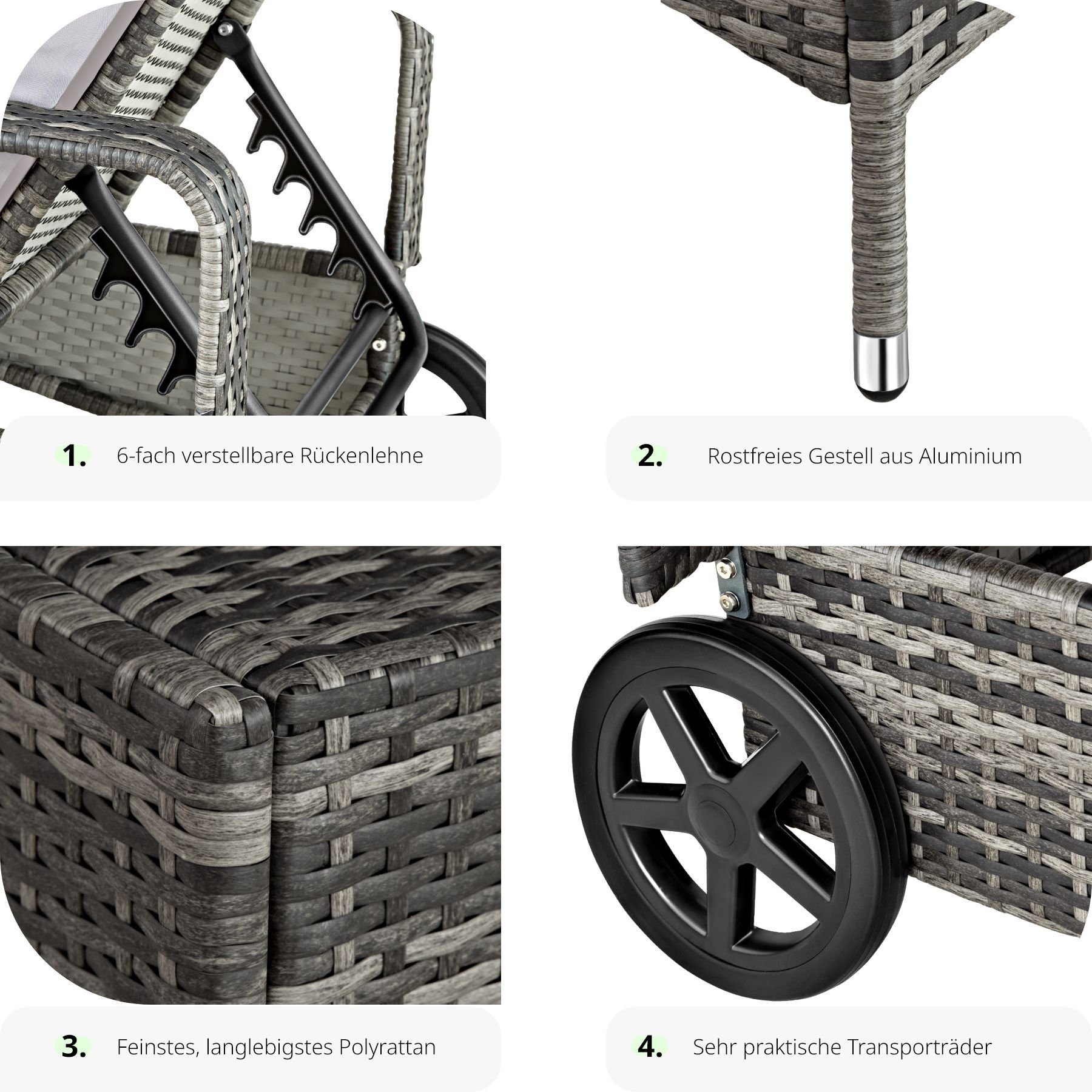 tectake Gartenliege Rattan Sonnenliege, abnehmbares Kopfpolster, 196 x 72 x 57 - 94,5 cm, Balkonliege Cassis, 1 St., für Außen in Grau, wetterfest und UV-beständig, verstellbare Rückenlehne, mit Rädern