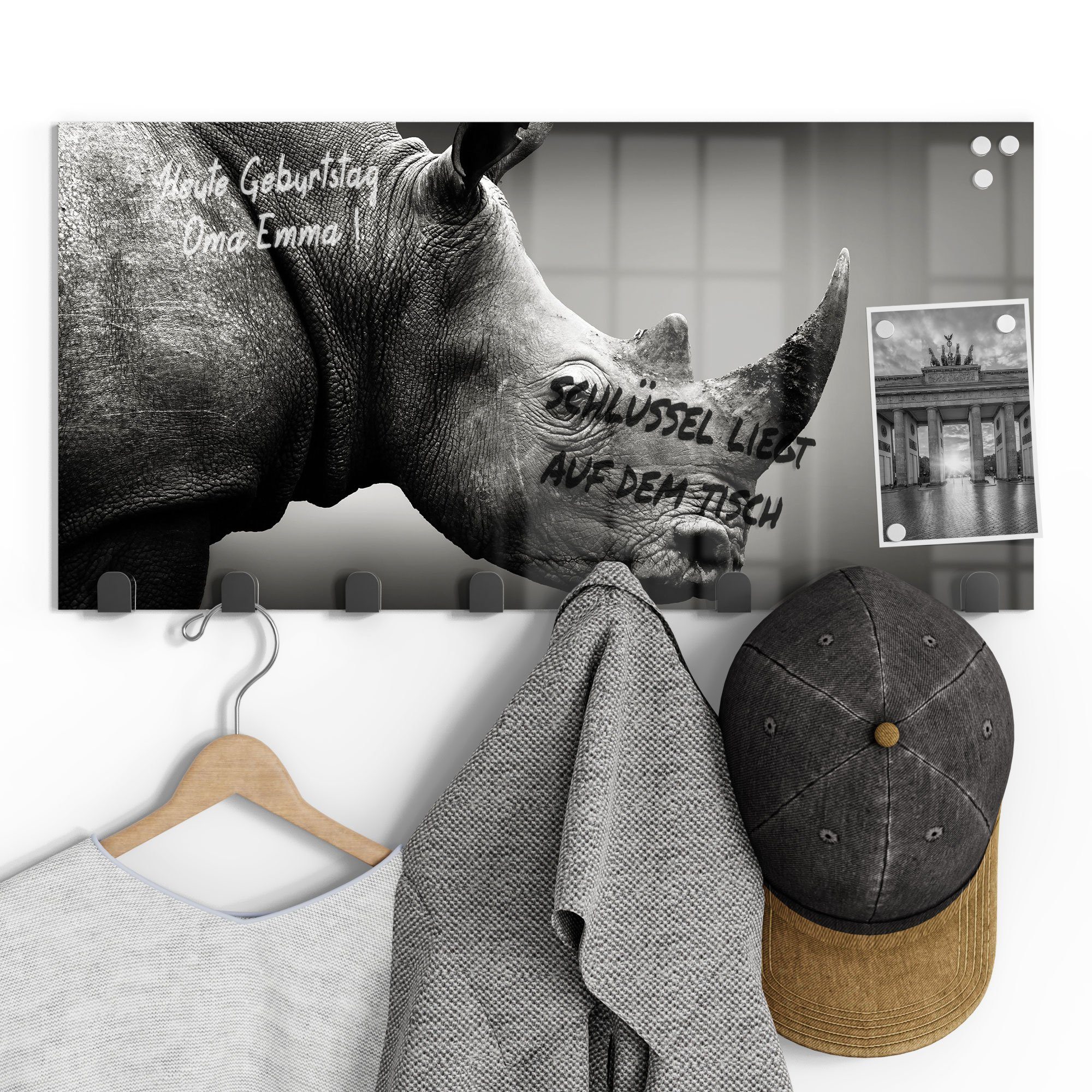 DEQORI Kleiderhaken 'Nashorn im Profil', Paneel Garderobe magnetisch Glas beschreibbar