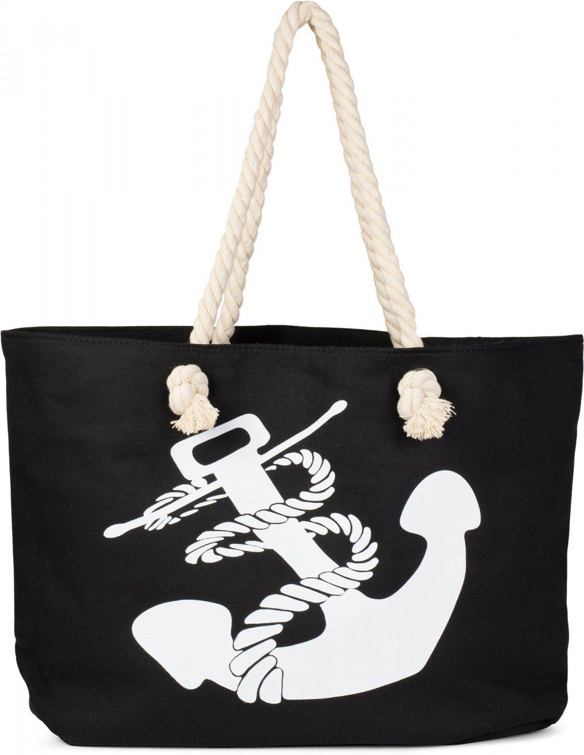 styleBREAKER Strandtasche (1-tlg), Flechtoptik Strandtasche mit Anker Print Schwarz-Weiß