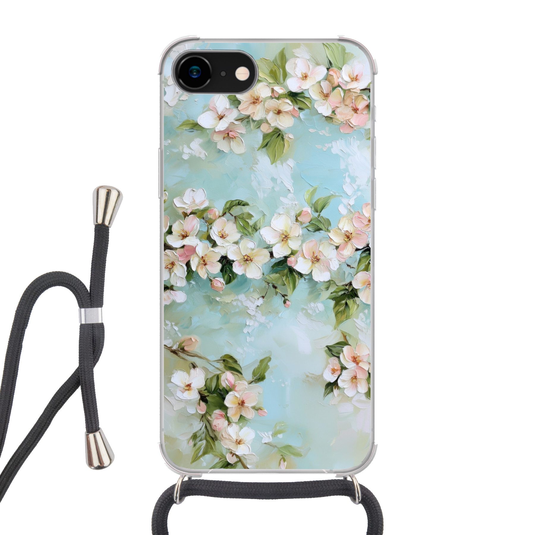 MuchoWow Handyhülle für Apple iPhone 8 Blüte - Blätter - Hellblau, Tragbare Handyhüllen mit Kette zum umhängen, Handykette Handyband