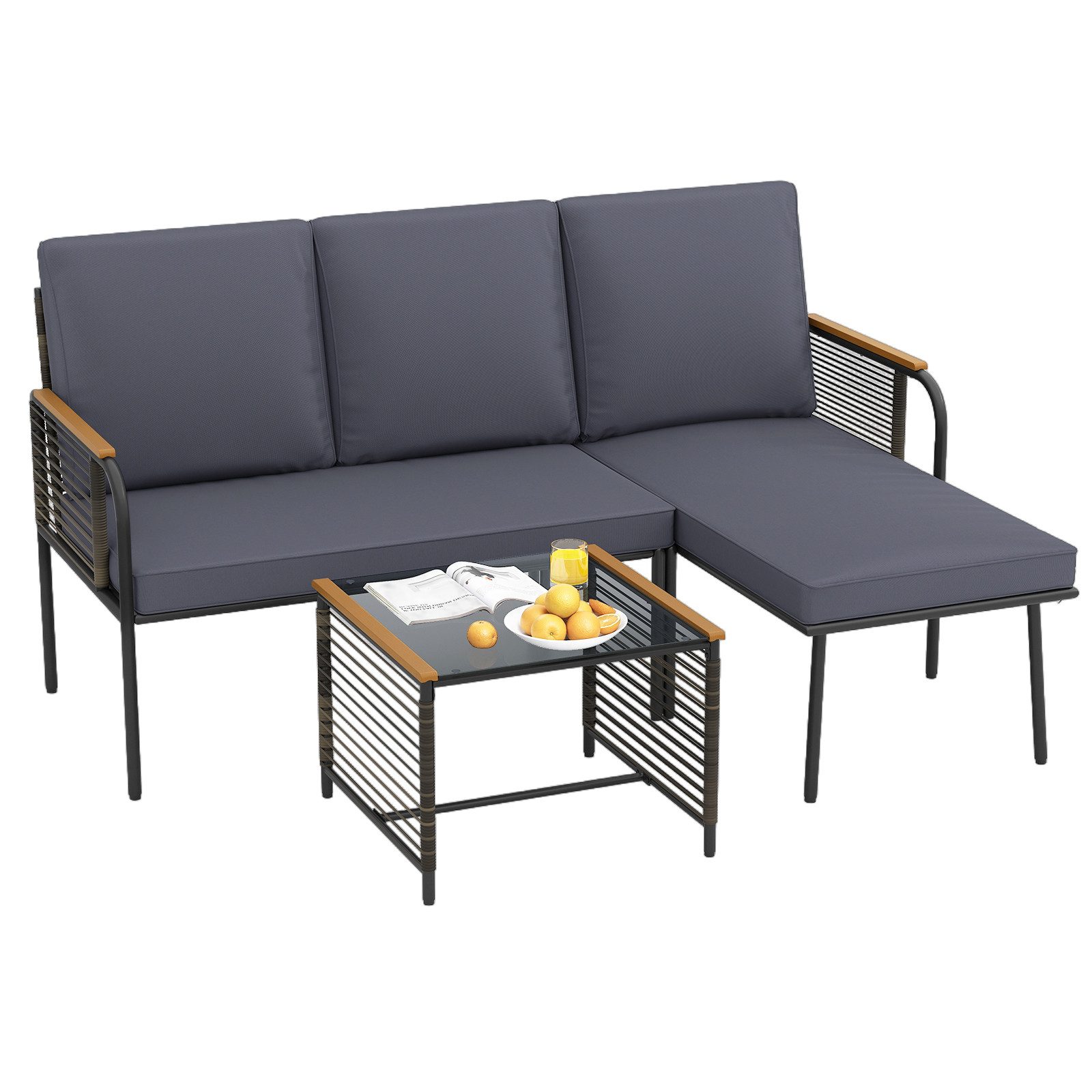 COSTWAY Gartenlounge-Set, (3-tlg), Geflecht-Möbelset L-förmig, mit Tisch