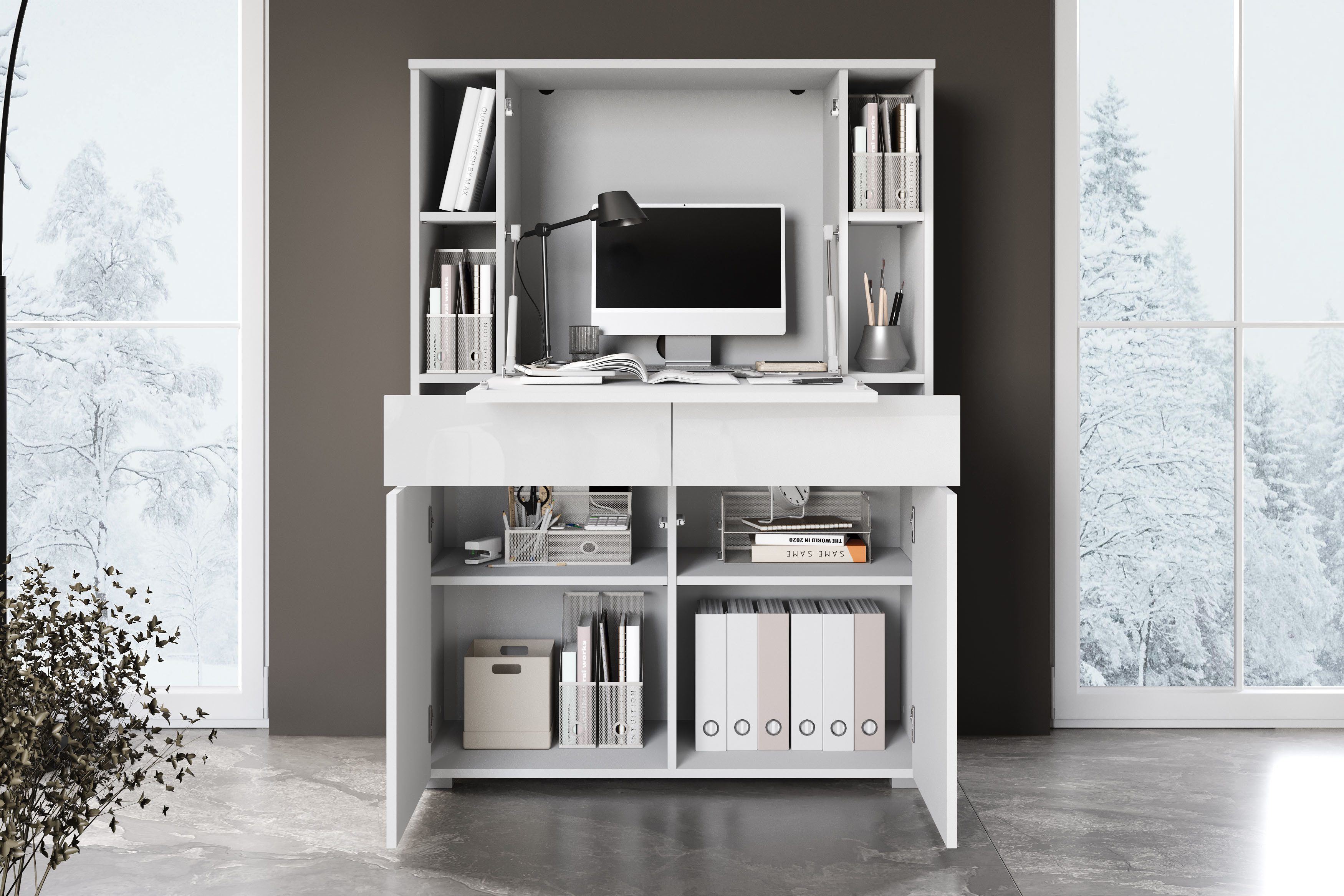 OTTO home Sekretär Paris, Moderner PC-Schrank mit klappbarer Arbeitsfläche (1 St), 2 Schubladen, Push-to-Open und verstellbare Einlegeböden, Breite 90 cm
