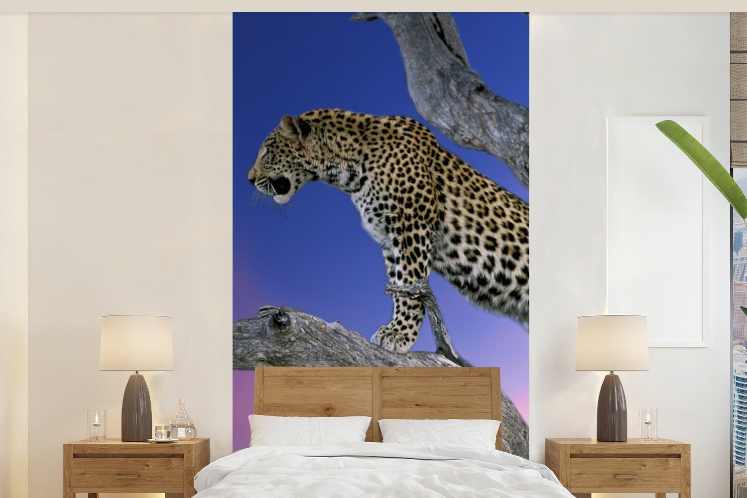 Zweig, bedruckt, St), für - (2 Wohnzimmer Küche, Vliestapete Fototapete Matt, Schlafzimmer MuchoWow - Baum Leopard Fototapete