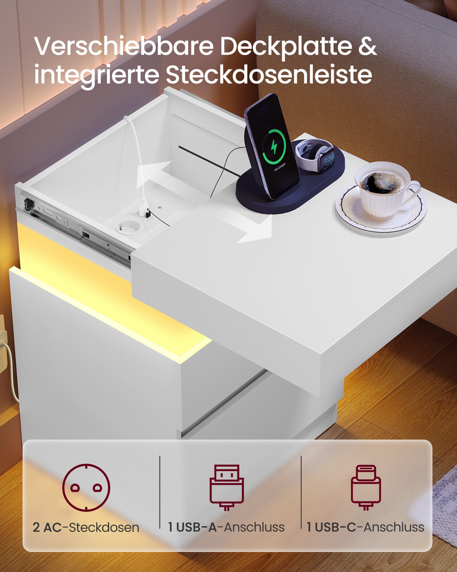 VASAGLE Nachttisch mit Steckdosen, Schiebedeckel, 2 Schubladen und LED-Beleuchtung, moderner Beistelltisch, 1er/2er Set