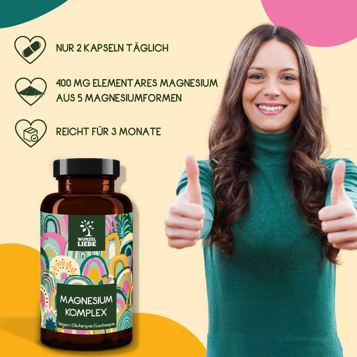 WURZELLIEBE Magnesium Komplex - 400mg elementares Magnesium Kapseln, 180 St., 148 g, 5 hochwertige Magnesiumformen