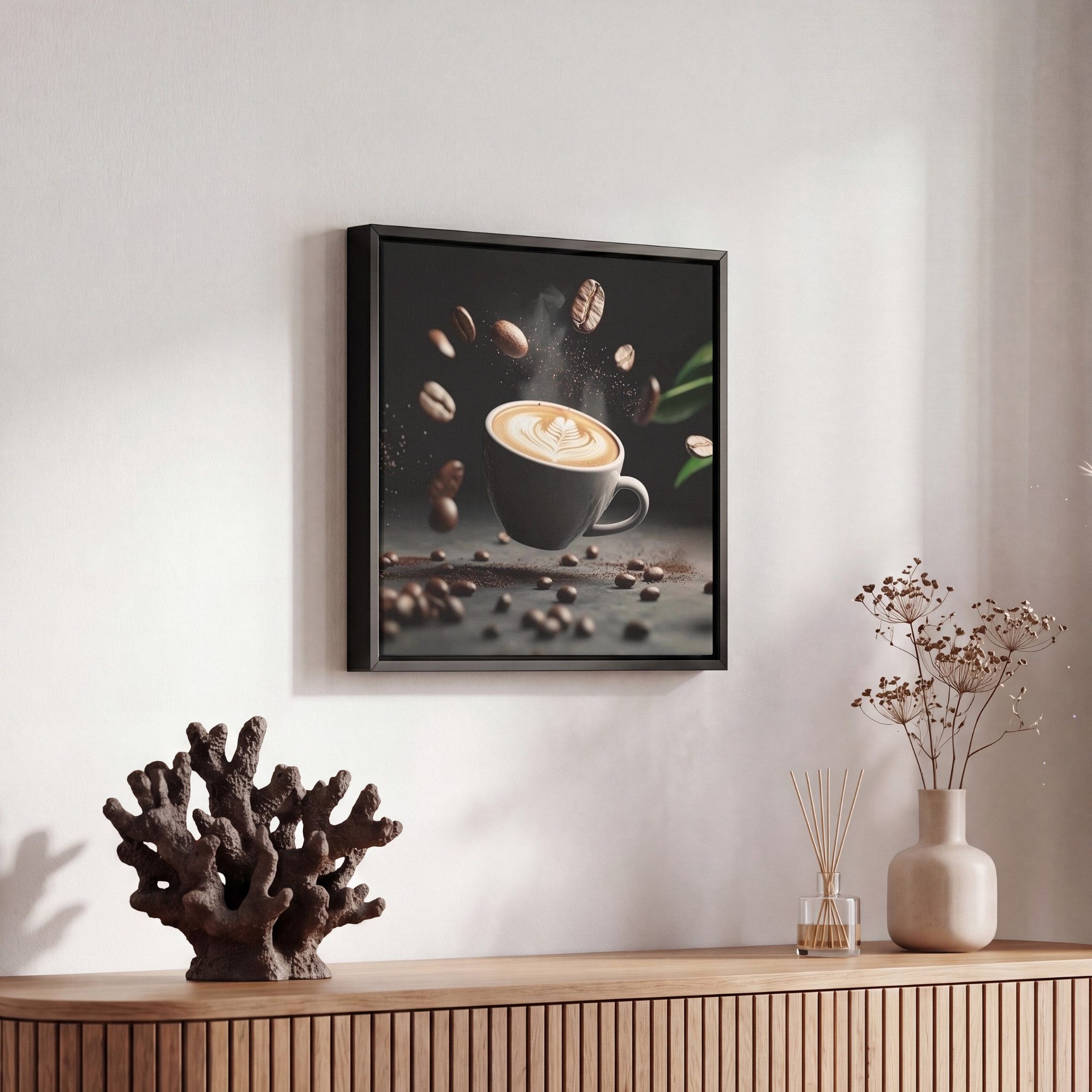 OneMillionCanvasses® Leinwandbild mit Rahmen - Cappuccino - Tasse - Bohnen - Braun, Fotodruck (1 St), Wandbilder für Esszimmer, Wanddeko Bilder Küche, 20x20cm – Bild 5 von 5