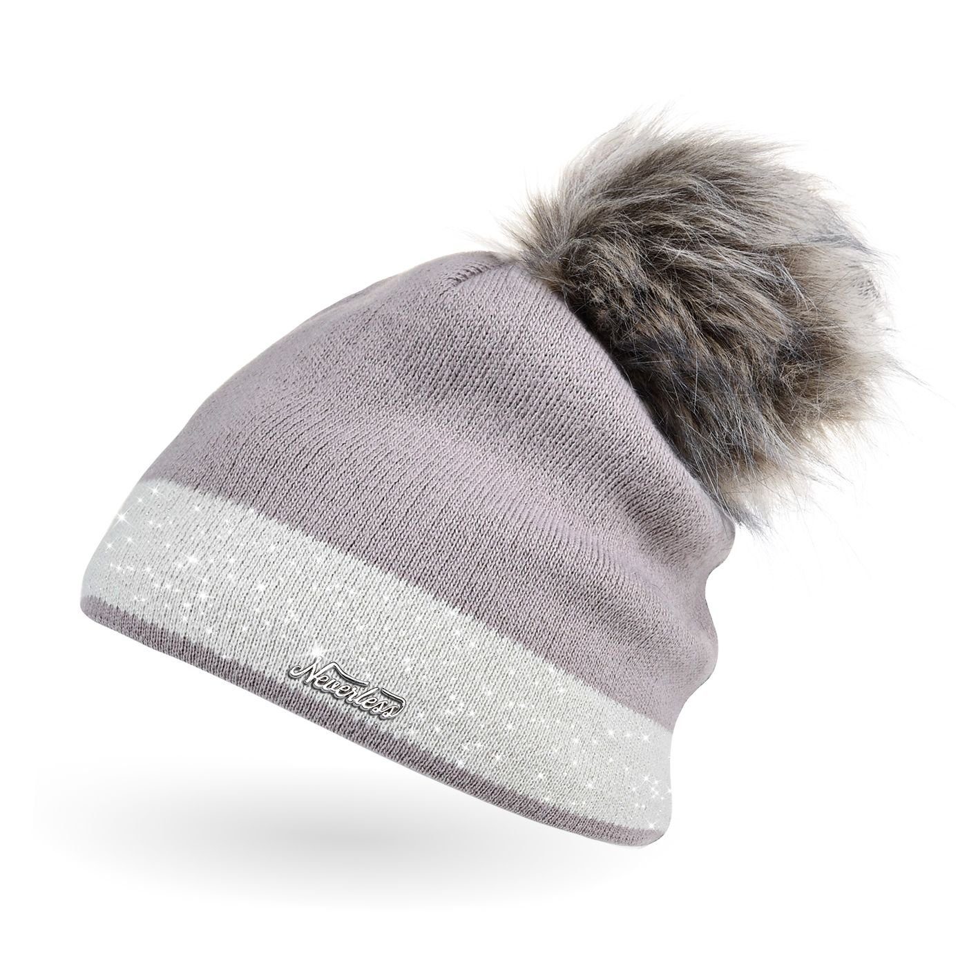 Neverless Bommelmütze Damen Strick-Mütze gefüttert Fell-Bommel Kunstfell Wi günstig online kaufen