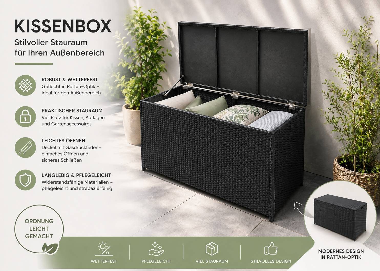 TEICO GROUP Kissenbox Polyrattan Kissenbox 300L Auflagenbox Gartenbox Balkon Terrasse, Gasdruckfeder