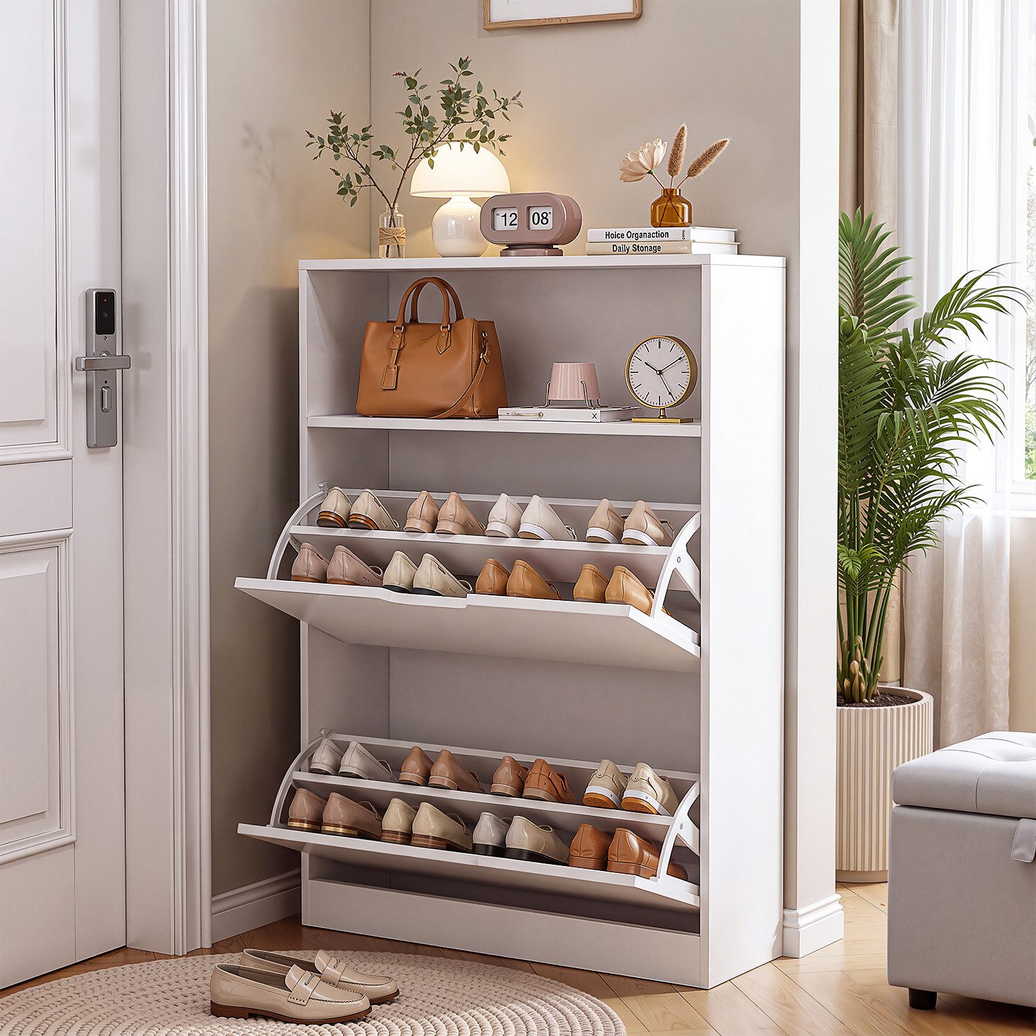 oyajia Schuhschrank Schuhregal mit 2 Klappen und offenes Fach (Trennwand verstellbar, für 9-12 Paar Schuhe, für 9-12 Paar Schuhe) Flur, Diele, Wohnzimmer, Schlafzimmer, 60 x 101.5 x 24 cm (B x H x T)