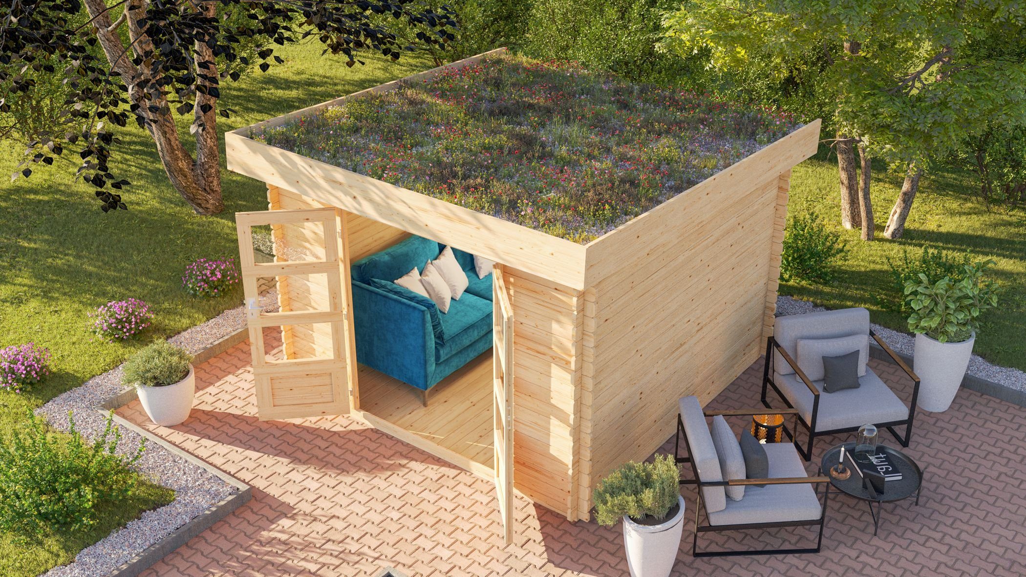 Karibu Gartenhaus Blockbohlen Gartenhaus Rosé 5 naturbelassen Dachbegrünung, BxT: 297x297 cm, (1 Stück, Unterleger, Dachbahn,Vlies, Wurzelschutzfolie), Inkl. Paket zur Dachbegrünung