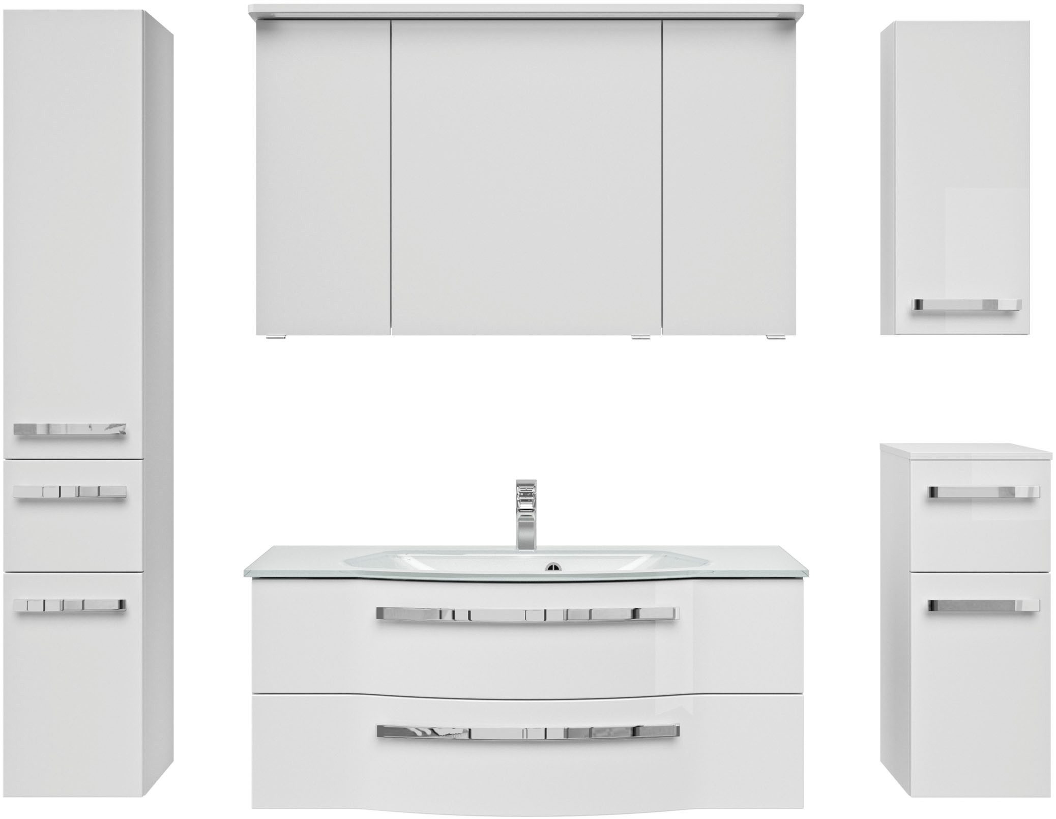 Saphir Badmöbel-Set Serie 4005, vormontiert, Glaswaschbecken, Spiegelschrank, (Set, 6-St), Badezimmer-Set mit Unterschrank, Hängeschrank, Hochschrank, Türdämpfer