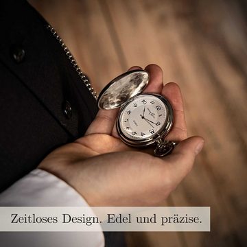 Hermann Jäckle Taschenuhr Todtnau Quarz Mineralglas 50 mm, mit Kette und Reiseetui