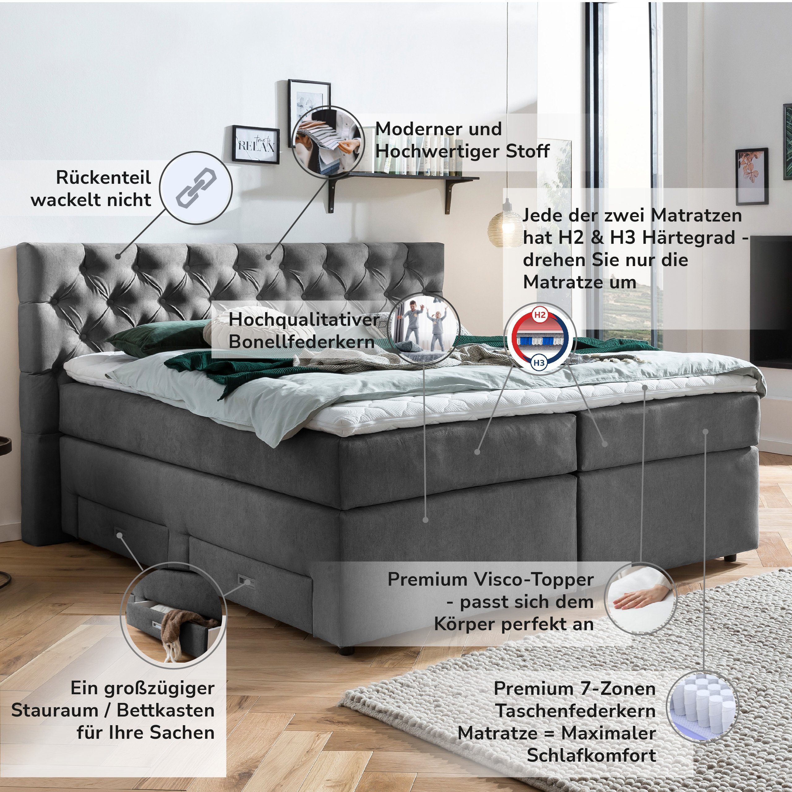 Belanoti Boxspringbett Lara (Boxspringbett 160x200 Topper), Schubladen Bettkasten mit in H2/H3 der Taschenfederkern Dunkelgrau Matratze 160x200 Farbe Stauraum, inklusive 7-Zonen vier Polsterbett Bett Visco mit