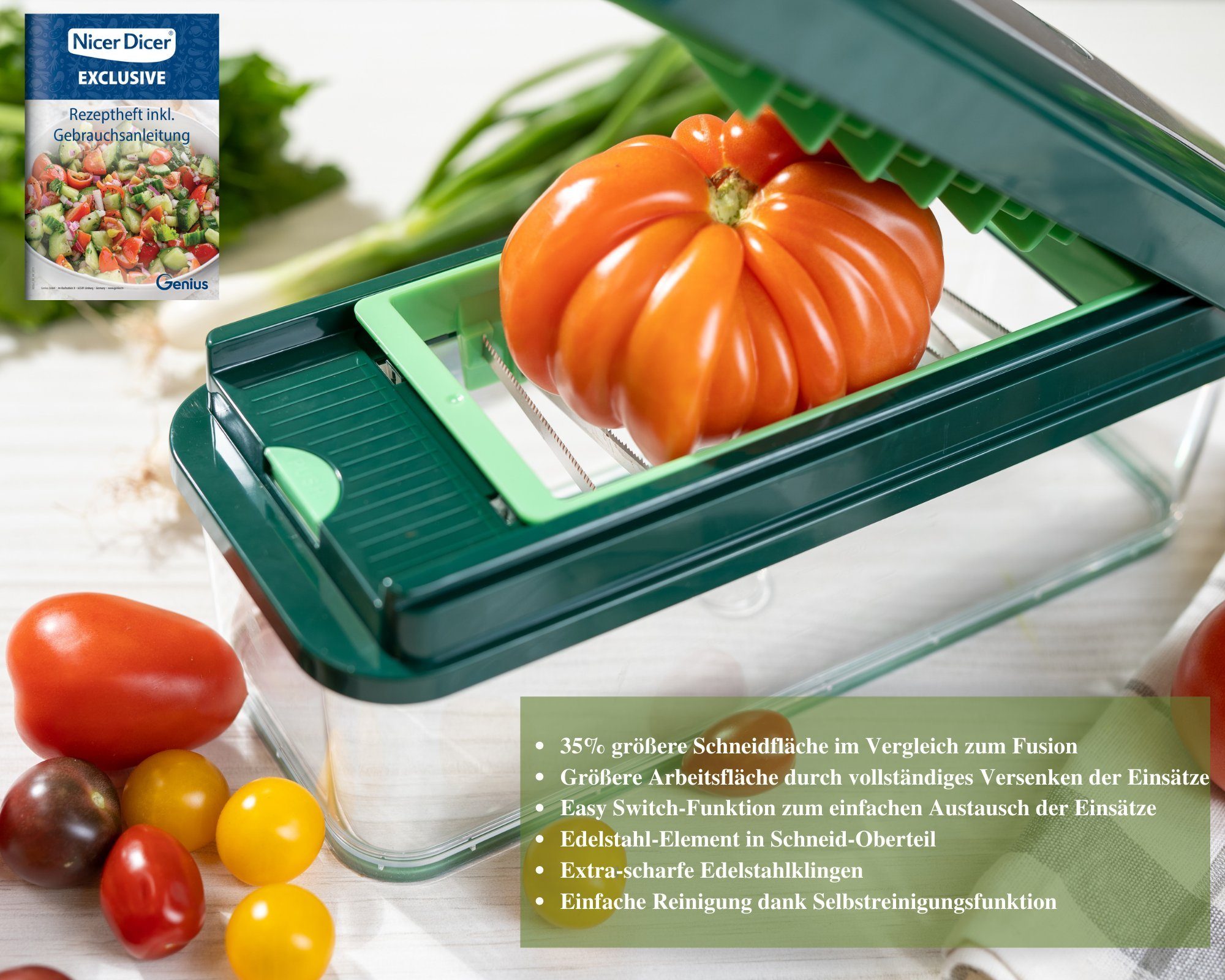 Genius Gemüseschneider Genius Nicer Dicer Exclusive Gemüseschneider 15tlg, 4 Einsätze + Reibe grob & Hobel + Behälter 2500ml