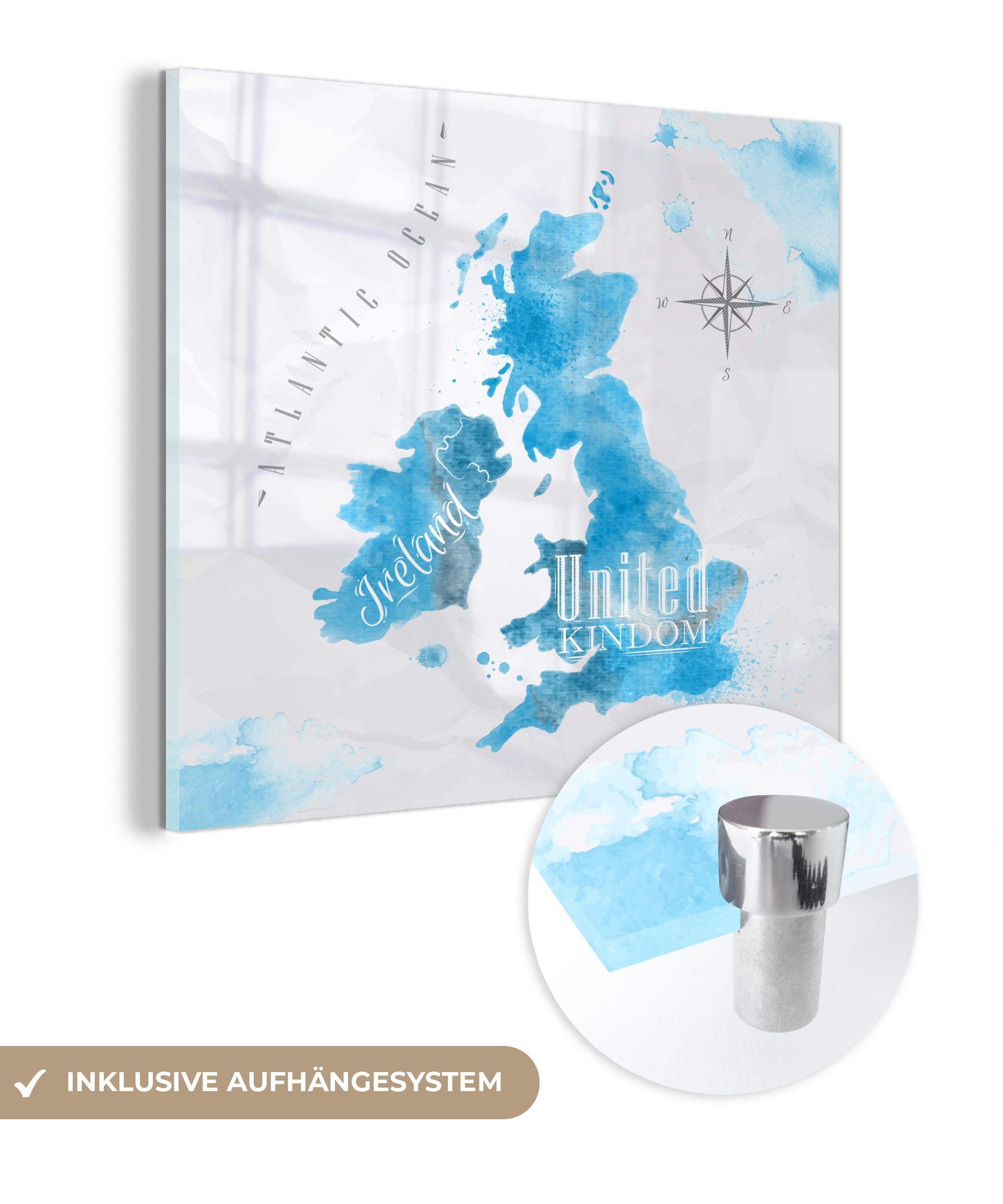 MuchoWow Acrylglasbild England - Weltkarte - Blau, (1 St), Glasbilder - Bilder auf Glas Wandbild - Foto auf Glas - Wanddekoration