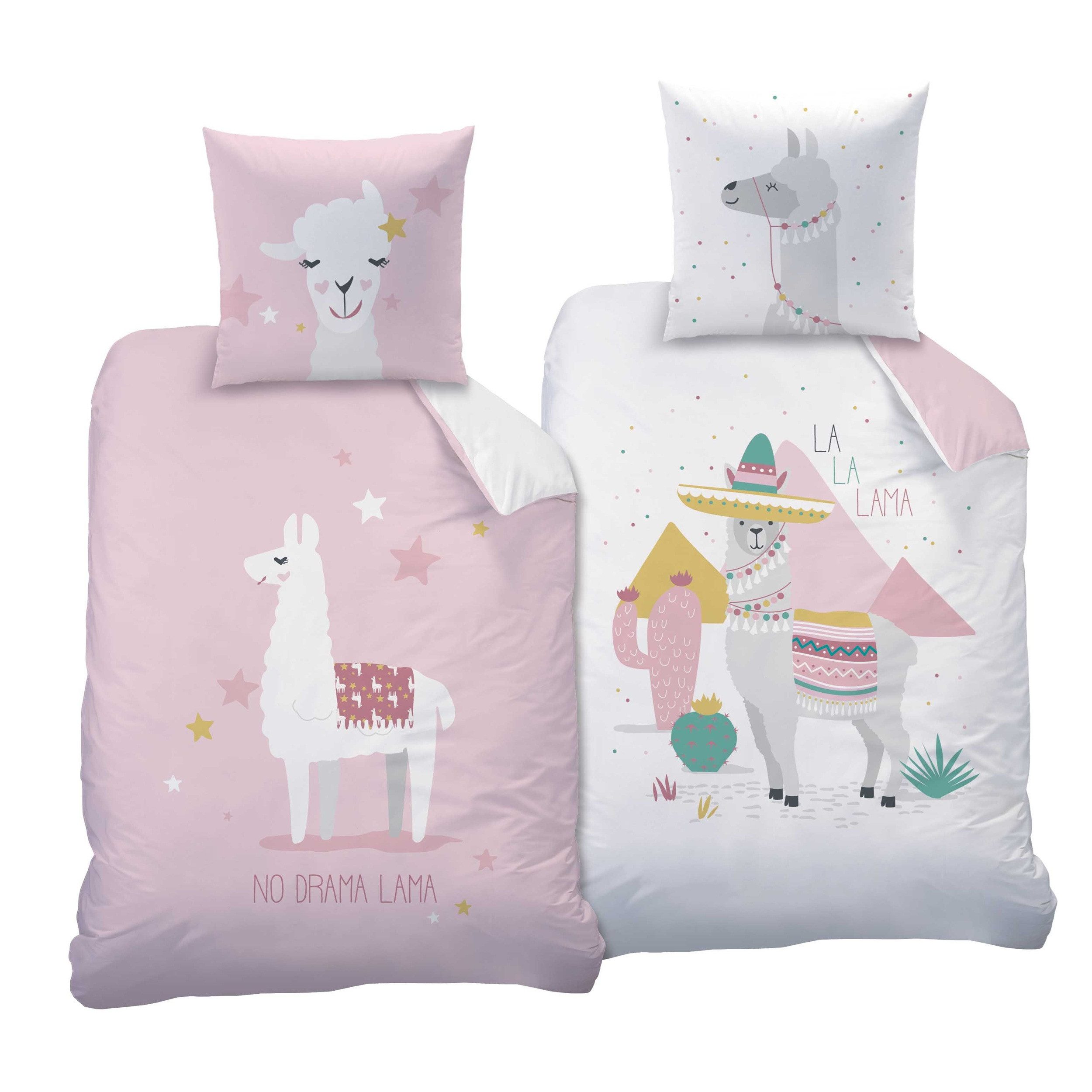 Familando Kinderbettwäsche Lama Alpaka Set 135x200 80x80 cm aus 100% Baumwolle mit Reißverschluss, Renforcé, 2 teilig, mit Lama Wendemotiv und Schriftzug