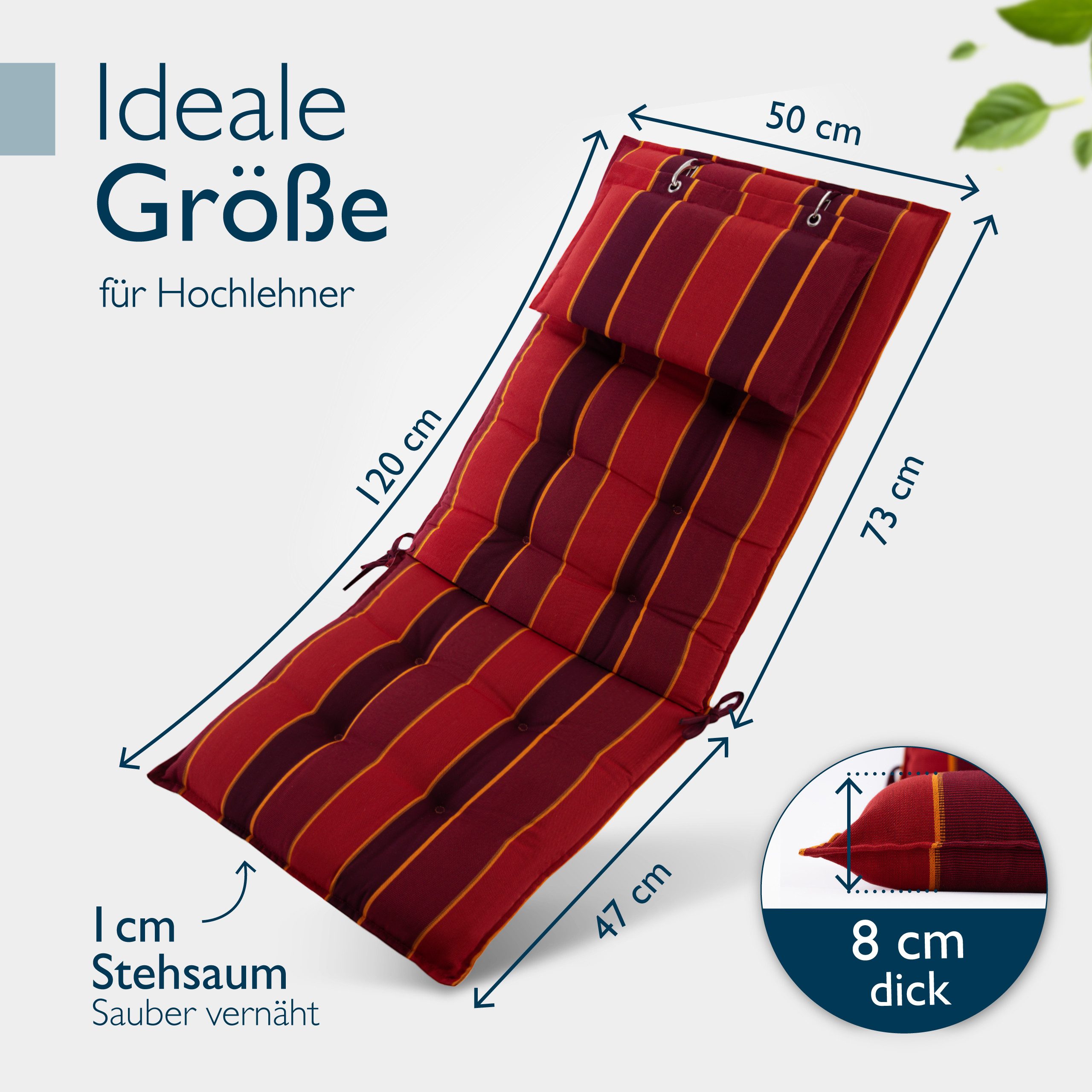 Beautissu Hochlehnerauflage Premium Hochlehner Auflage Kopfpolster Sun Sun-HL, 120x50cm, Rot, Mit Kopfpolster, rutschfest & robust – Befestigungsbänder, UV 5