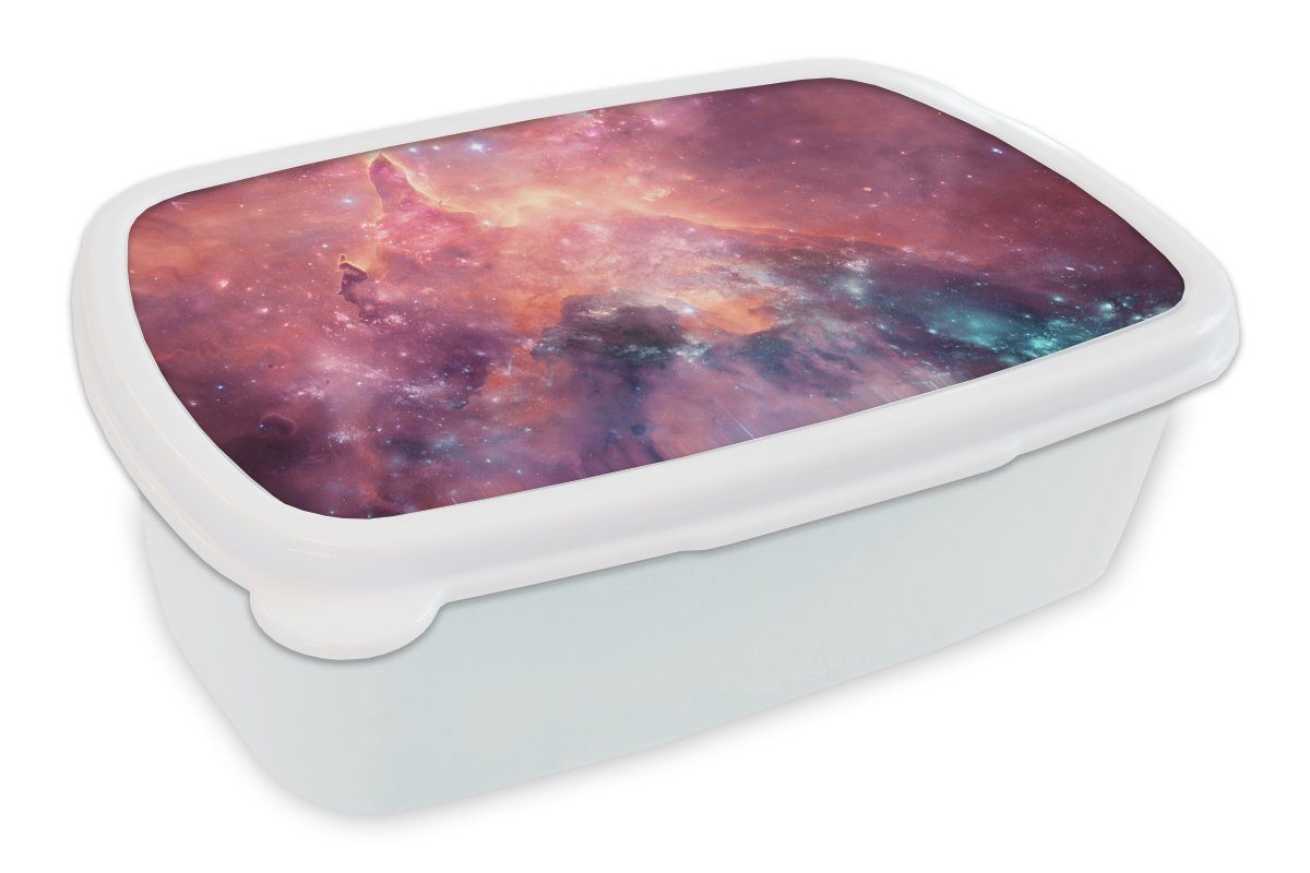 MuchoWow Lunchbox Weltraum - Orange - Sterne, Kunststoff, (2-tlg), Brotbox für Kinder und Erwachsene, Brotdose, für Jungs und Mädchen weiß
