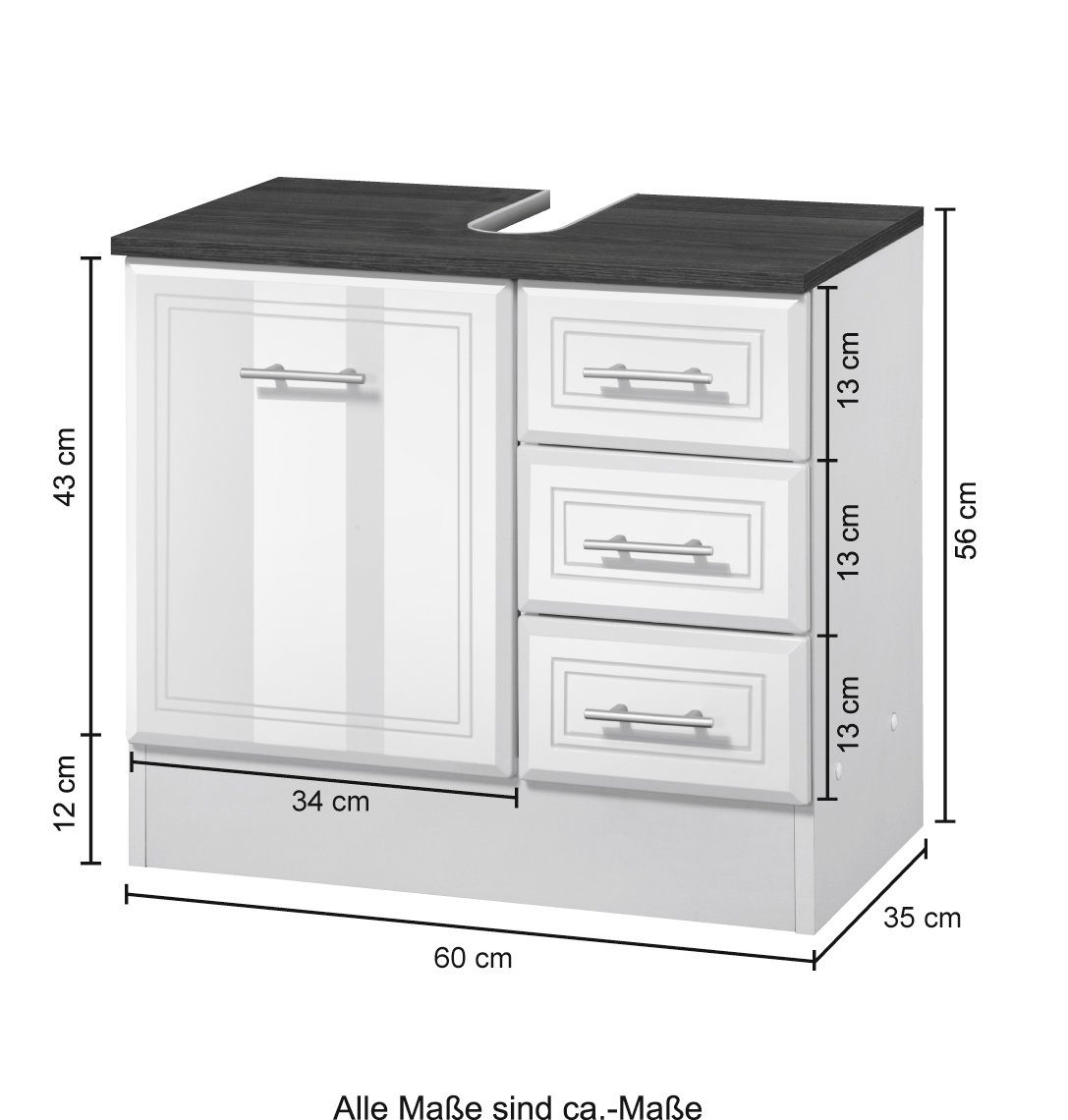 Fräsung Breite MÖBEL mit HELD Waschbeckenunterschrank 60 cm, Hochglanzfronten Neapel und eleganter weiß