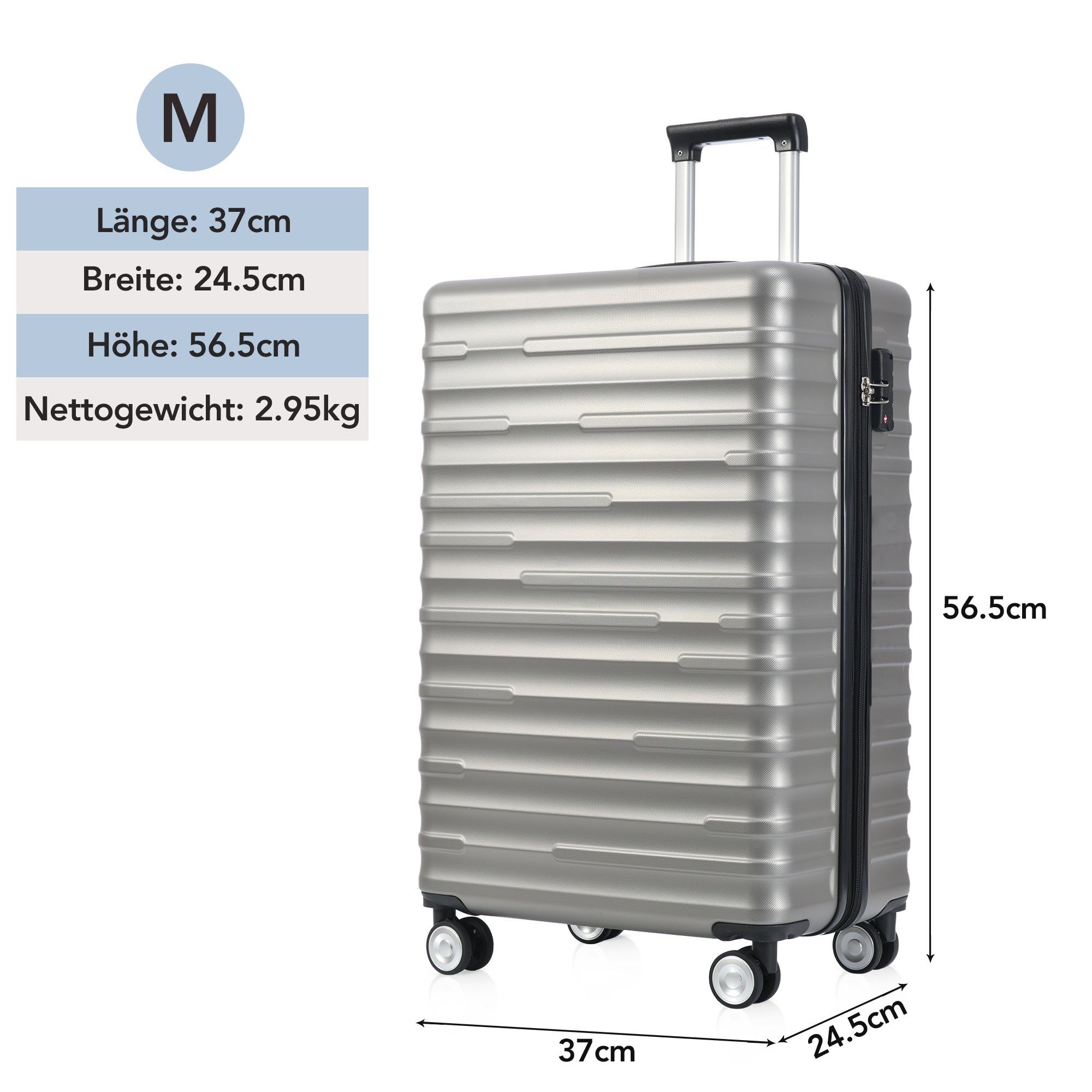 Merax M ABS Hartschalenkoffer, aus 4 Reisekoffer, Gepäck, Check-in mit Hartschalen-Trolley Doppelrollen, Grau und TSA-Zahlenschloss
