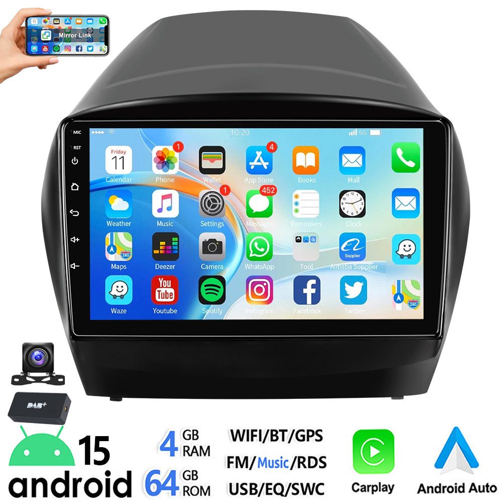 ESSGOO DAB+ 64G Android 15 Für Hyundai iX35 10-15 Carplay Bluetooth GPS WiFi Autoradio (RDS, 4+64GB(optional), FM, AM, DAB+ (optional), Apple Carplay Android Auto GPS Navi WIFI BT EQ)