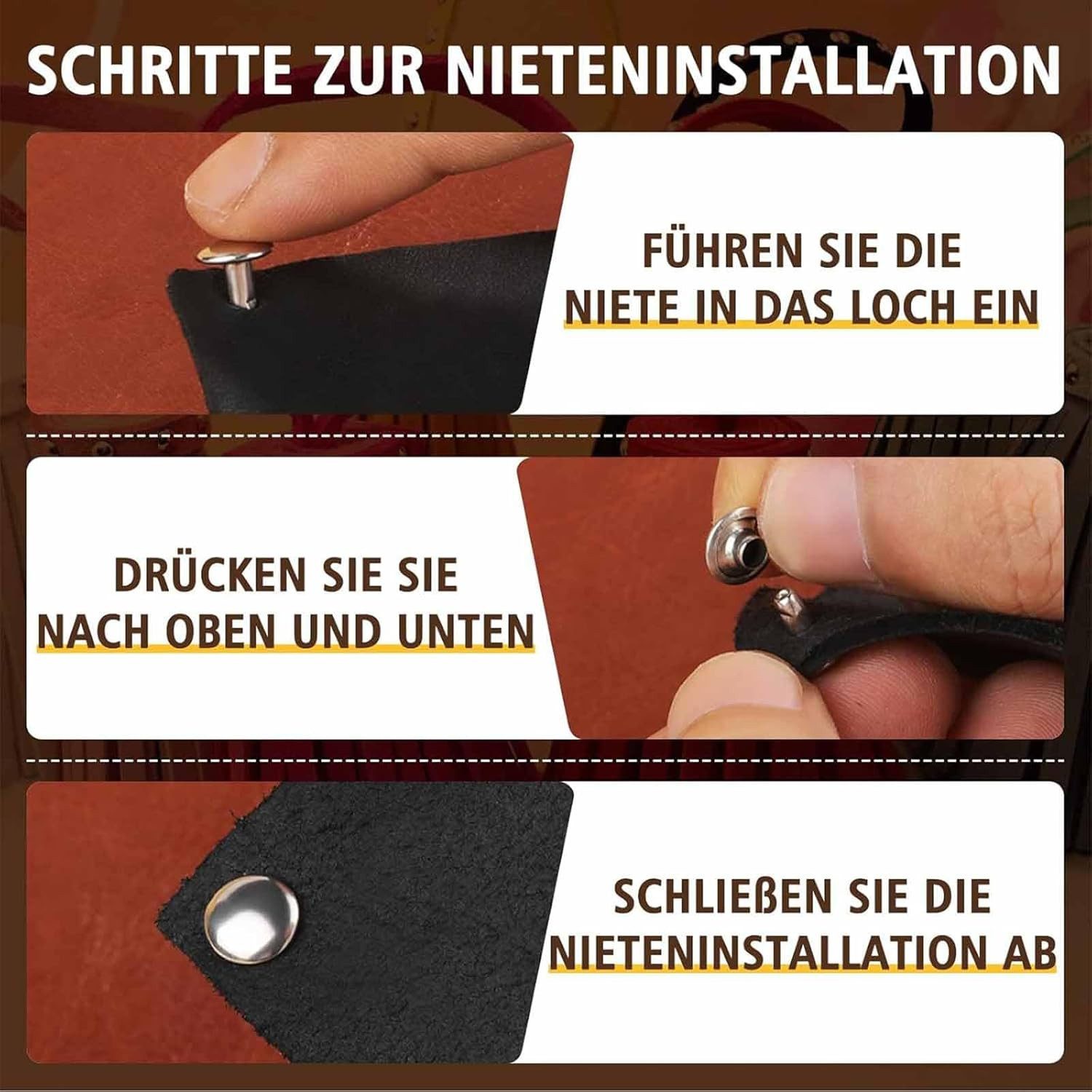 FELIXLEO Niete Ledernieten Silber 3 Größen Doppelkappe Hohlnieten Basteln, (1 St) – Bild 4 von 5