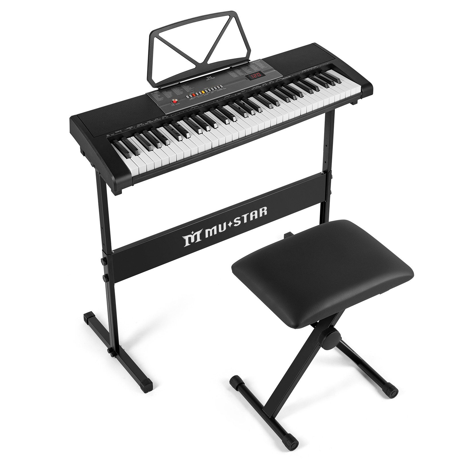 MUSTAR Digitalpiano 61 beleuchtete Tasten mit Touch-Funktion, Tragbares E-Piano (mit Klavierhocker), mit intelligentem Unterricht, Ständer, Hocker, Kopfhörer & USB