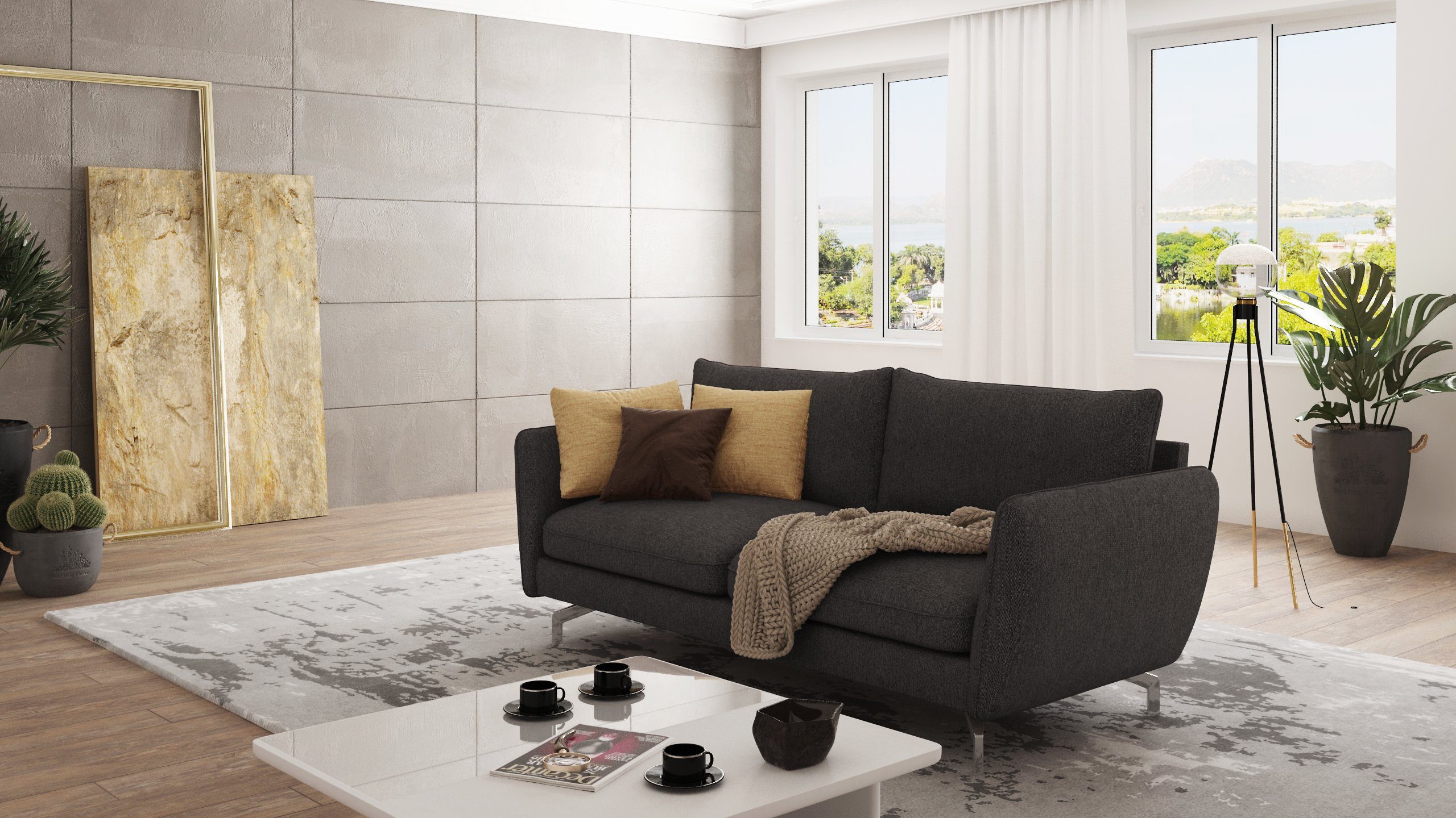 Silber Füßen, mit mit Benita Wellenfederung Metall S-Style Modernes Sofa Möbel 3-Sitzer Graphit