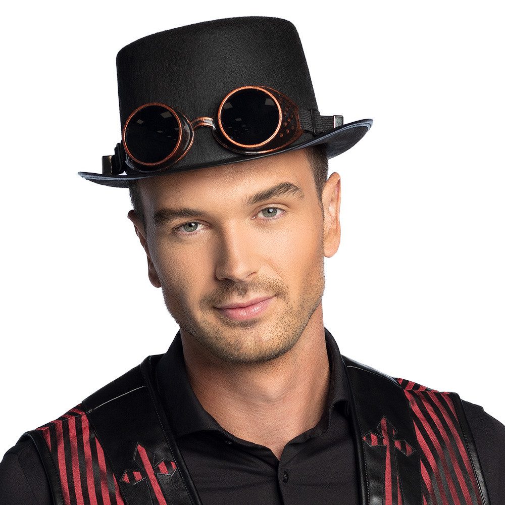Boland Kostüm Hut Steampunk schwarz mit Goggles Zylinder Partybrille für Kostüme, Zylinder-Design im Retro-Futurismus Look