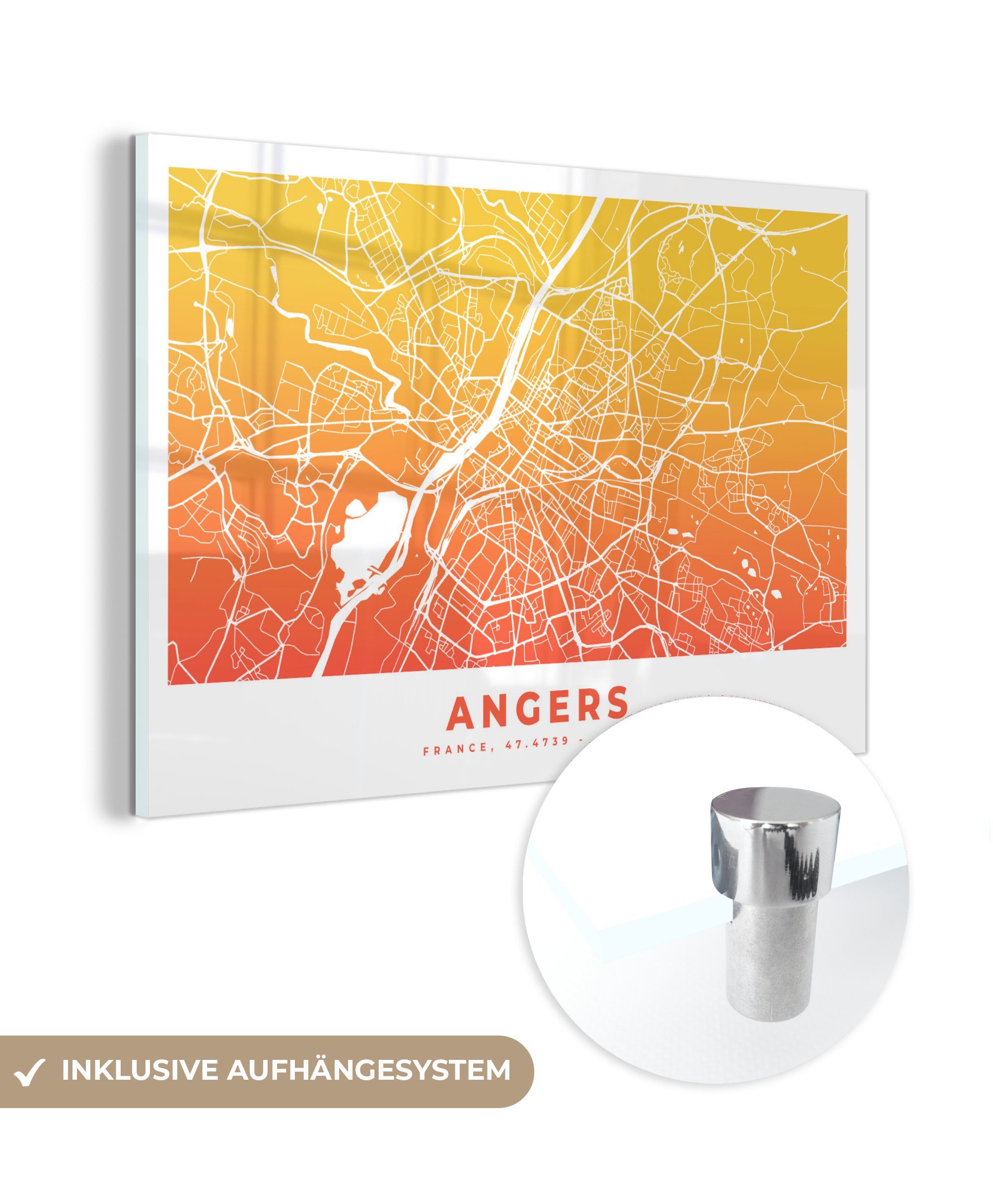 MuchoWow Acrylglasbild Frankreich - Angers - Stadtplan, (1 St), Acrylglasbilder Wohnzimmer & Schlafzimmer