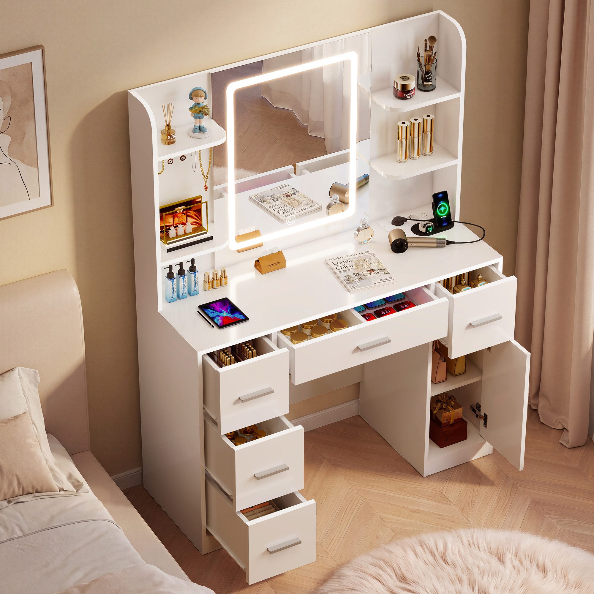 oyajia Schminktisch mit Spiegel und LED-Leuchten, Steckdosenleiste, Schubladen (integrierte Steckdose & USB+type C, modern für Schlafzimmer, GroBe 107*40*140cm) – Bild 5 von 5