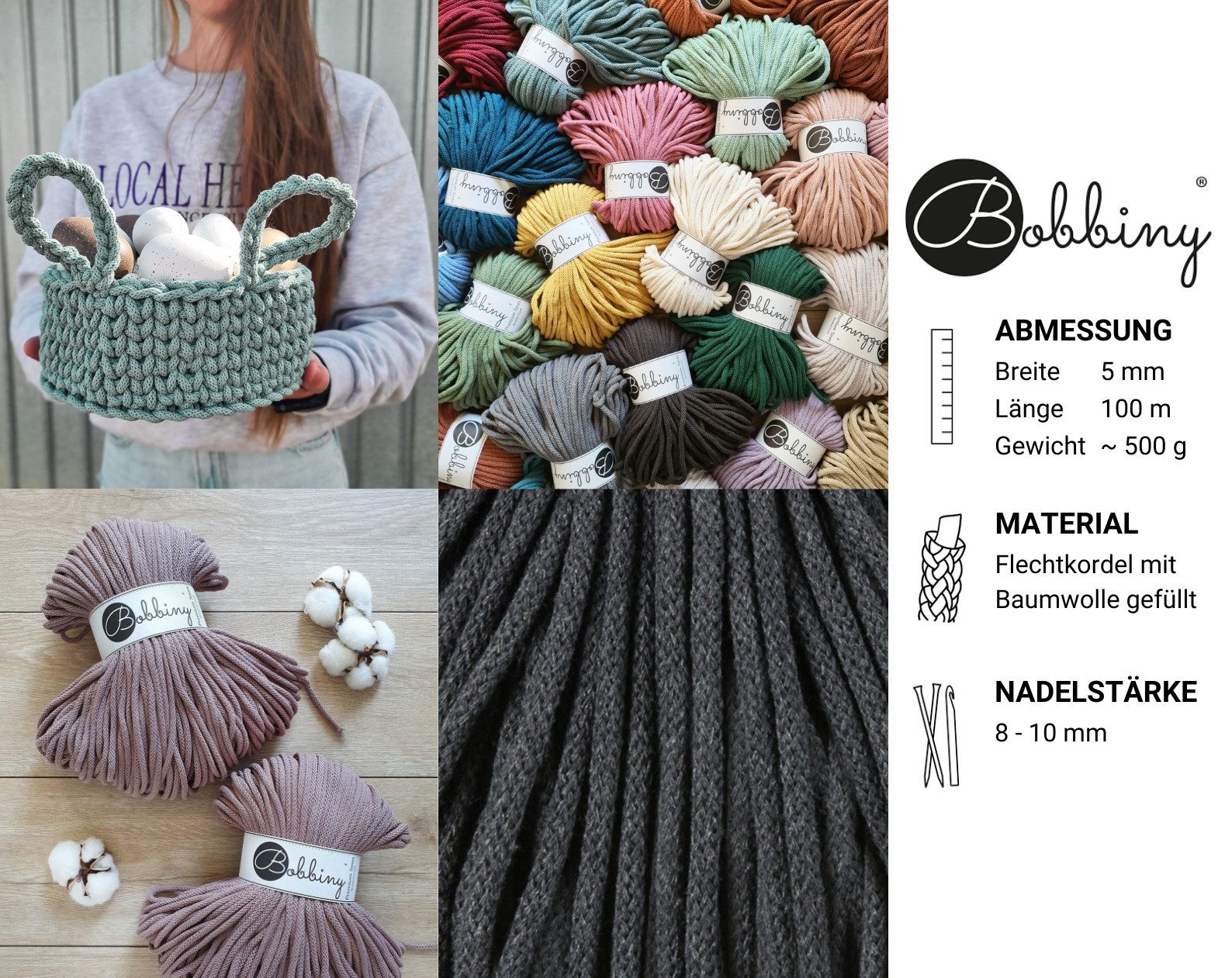 Bobbiny Bobbiny 5 mm Premium Flechtkordel 100 m Häkelwolle, 100 m (Baumwoll-Kordel - ideal für Häkel- und Makramee-Projekte), 500 g